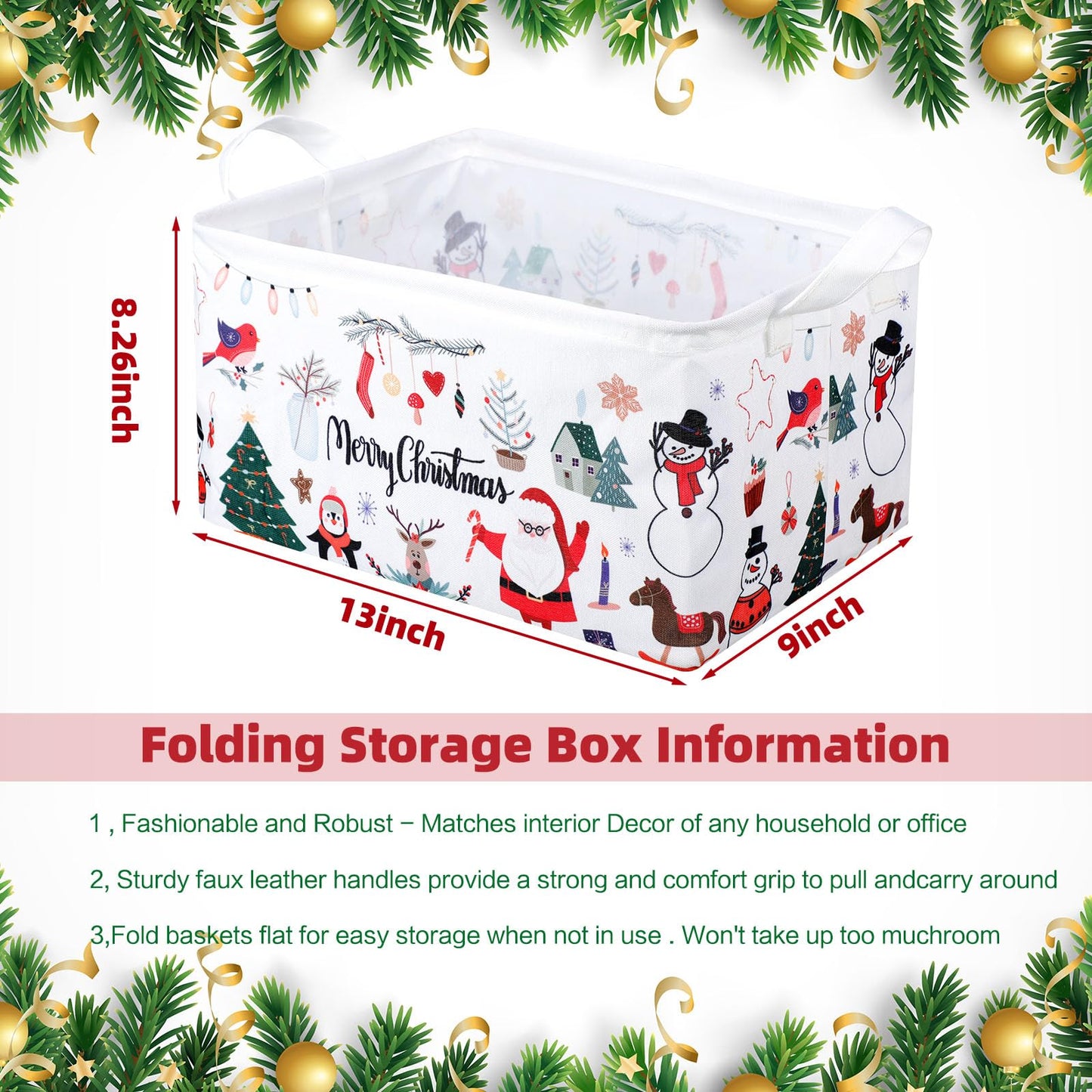 Maxcheck 6 Pcs Large Christmas Santa Storage Basket Foldable Christmas Gift Basket Rectangle Xmas Present Storage Boxes Bin Fabric Laundry Storage Organizer with Handles for Cloth Toy