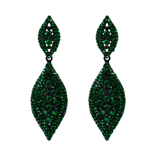 Flyonce Women's Rhinestone Crystal Wedding Bridal 2 Leaf Drop Dangle Chandelier Earrings Large Big Costume Statement Earring Green Black-Tone 3.3"