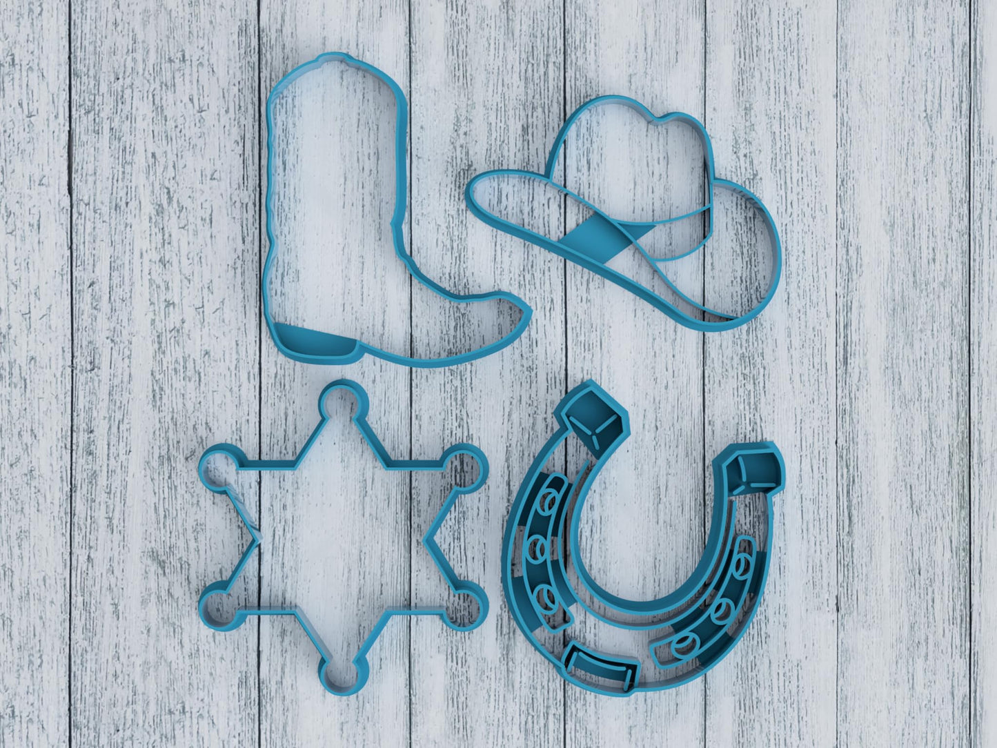 4 Piece Cowboy Cookie Cutter Set - Includes Wild West Country Cowboy Cowgirl Boot, Rustic Western Rodeo Hat, Detailed Horseshoe, Gold Star Sheriff's Badge (4 Inch)
