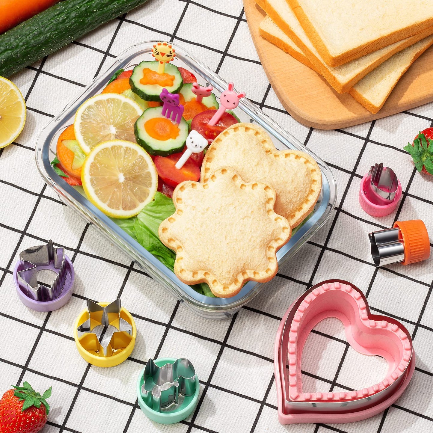 48Pcs Sandwich Cutter and Sealer Set for Kids, Decruster Sandwich Maker Holiday Cookie Cutters Fruit Vegetable Food Cutter Shapes for Boy & Girls Bento Lunch Box w/Mickey Mouse Dinosaur Unicorn Heart