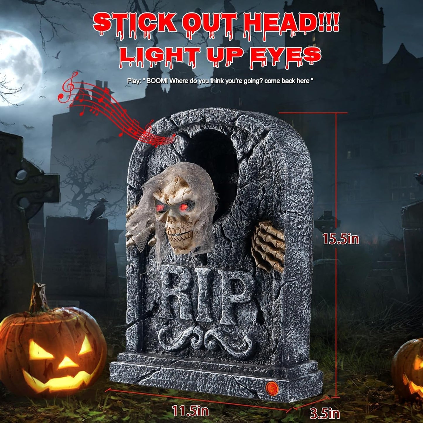 Candieslife Halloween Animatronics Zombie Tombstone - LED Gravestone Decorations with Skeleton Skull, Light Up Eyes, Motion Activated, Creepy Voice, Scary Motion Haunted Horror Prop for Indoor/Outdoor