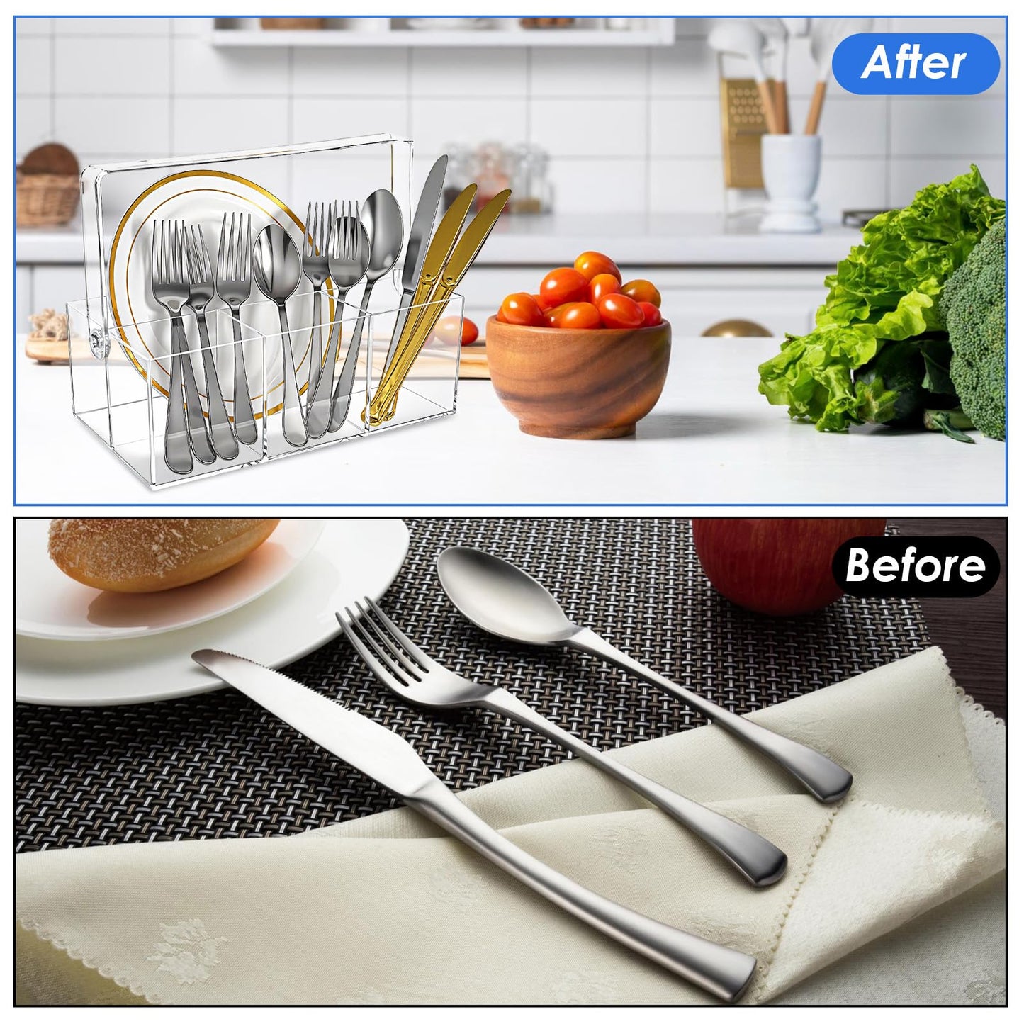 2 Pack Silverware Organizer, Paper Plate Holders, Cutlery and Flatware Caddy for Countertop, Table, Buffet, and Picnic - Acrylic Party Utensil Holder for Knives, Forks, Spoons, Plates, Napkins