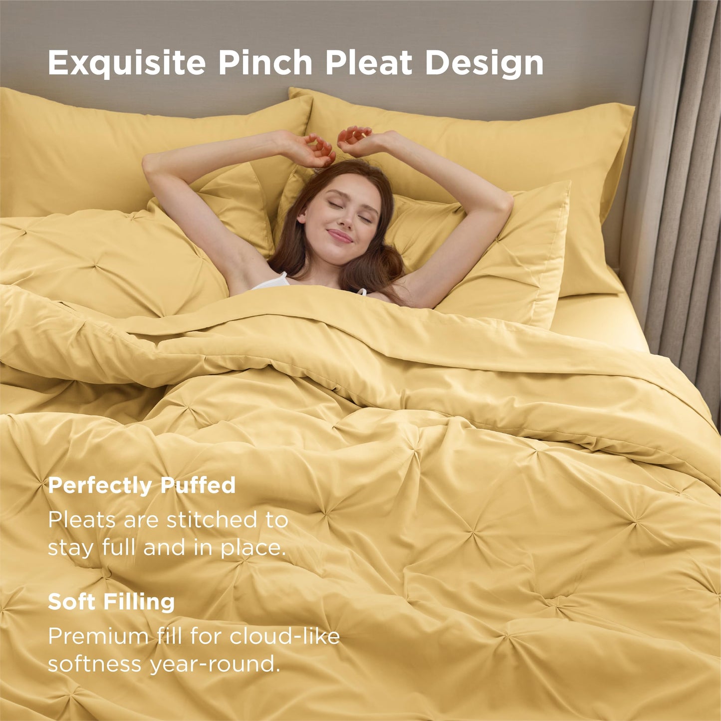 Bedsure Queen Comforter Set Yellow - Bed in a Bag Queen 7 Pieces, Pintuck Bedding Sets Gift for Christmas, Pinch Pleat Bed Set with Queen Size Comforter, Sheets, Pillowcases & Shams