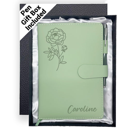 Personalized Leather Journal with Gifts Box & Pen, Custom Notebooks Diary with Engraved Birth Flower Name, Birthday Gifts for Women, Christmas Office Gift for Bridesmaid Students Teacher Mom Friend
