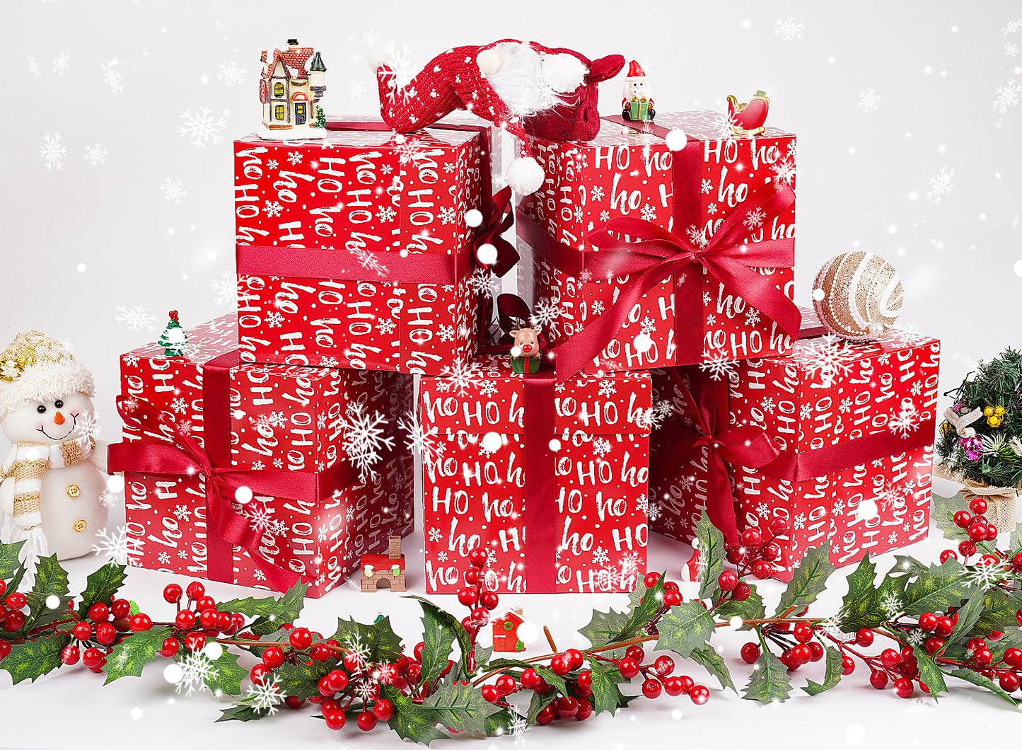 Jaywayang 5 Pack Red Christmas Gift Boxes with Lids, Ribbons and Tissue Papers Square Gift Boxes - 7.1 Inch - Presents Wrapping Christmas Gift Holiday New Year Party Favor Boxes.