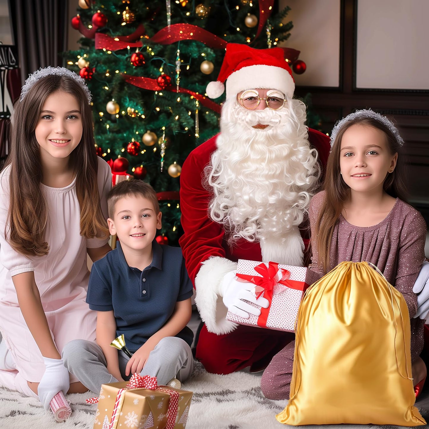 MOVINPE Santa Claus Beard and Wig Set for Adult Men Santa Costume Accessories, Beard Wig Eyebrows Hat Glasses Gloves Satin Gift Bags Hand Bell, Perfect for Holiday Celebrations Parties Festive Events