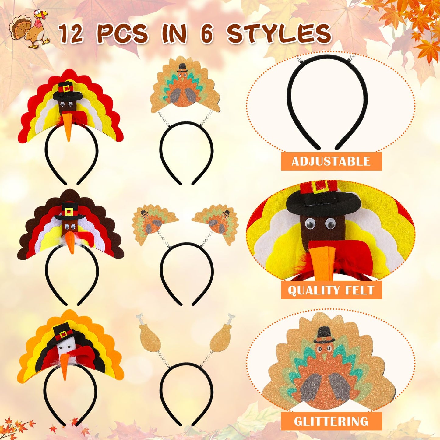 Hotop 24 Pcs Thanksgiving Turkey Headbands and Turkey Glasses Soft Felt Cloth Material Holiday Glasses and Headwears for Thanksgiving Autumn Party Favors