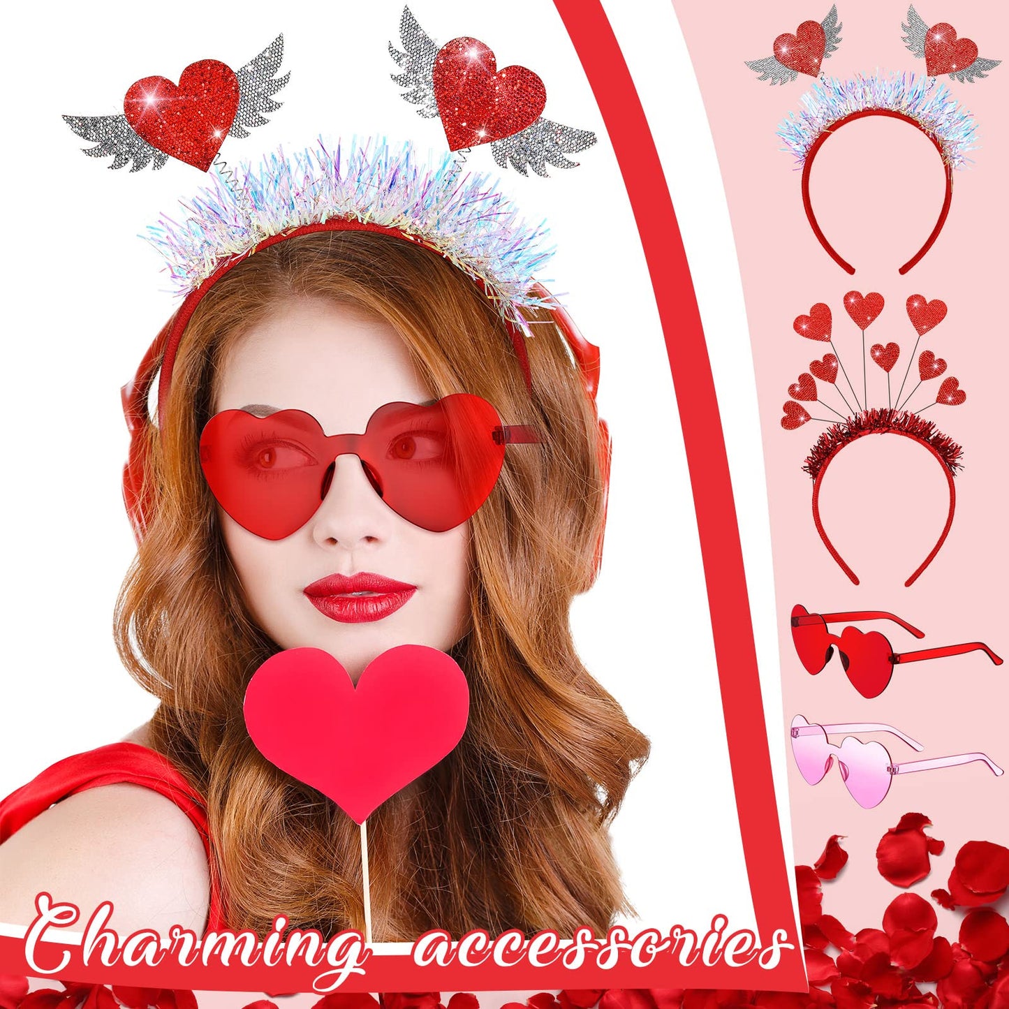 MTLEE 8 Pcs Valentines Day Red Heart Head Bopper Headband and Heart Shaped Sunglasses Transparent Candy Color Rimless Eyewear