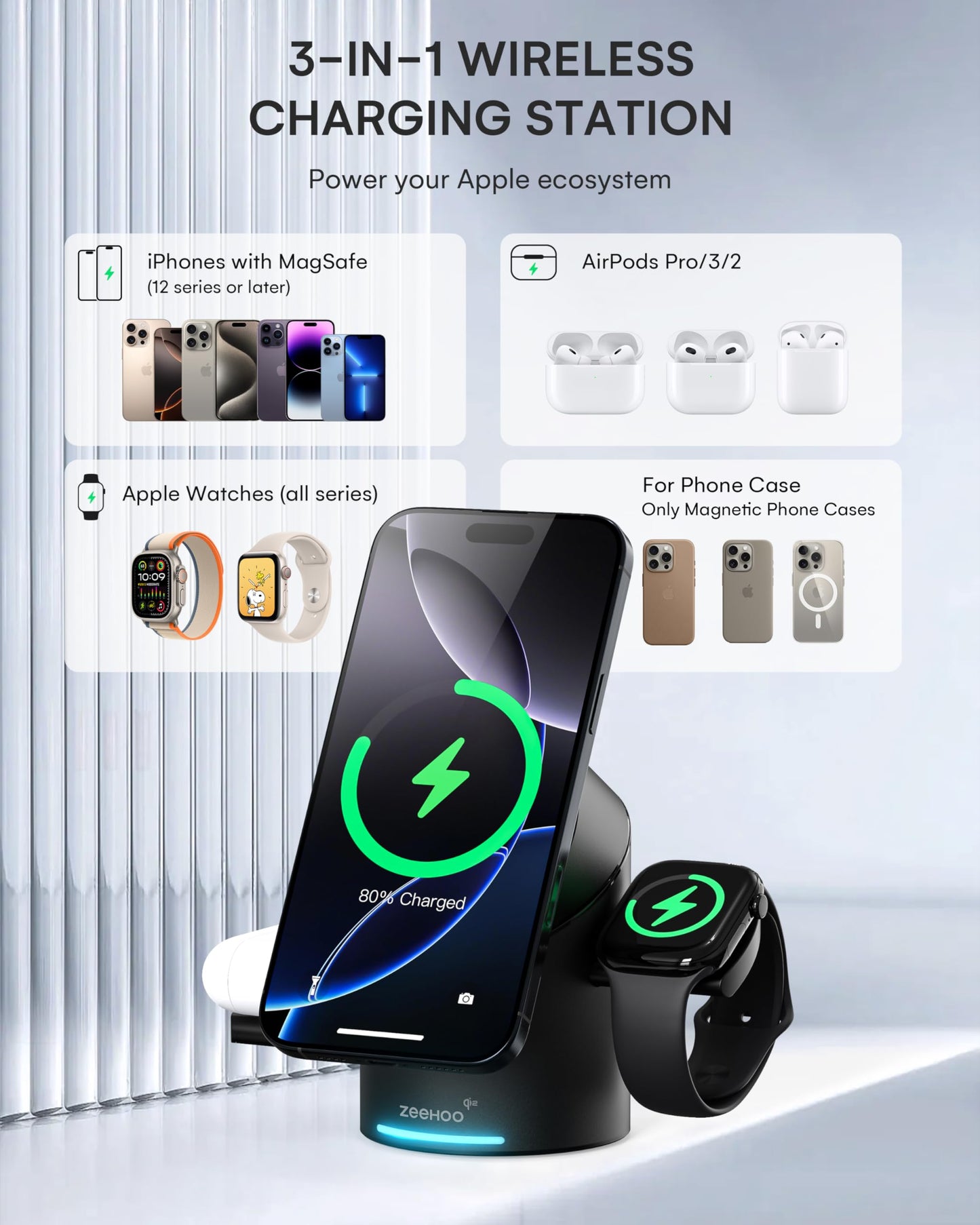 ZEEHOO 3 in 1 Charging Station for Apple Devices, Mag-Safe Charger Stand, Qi2 15W Auto-Rotating Wireless Charging Station for iPhone 16/15/14/13/12 Series& AirPods& iWatch(Black)