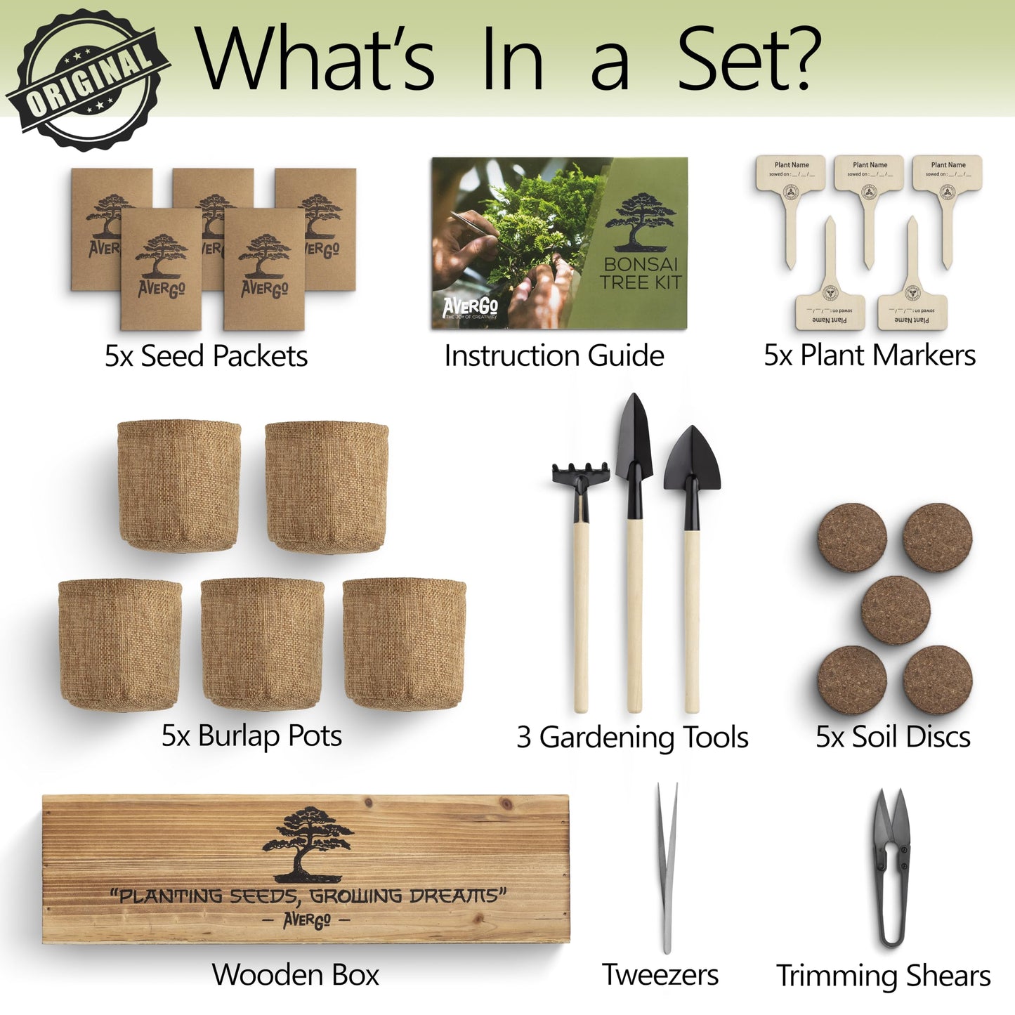 AVERGO Bonsai Tree Kit for Beginners – 5X Unique Japanese Bonzai Trees | Complete Indoor Starter Kit for Growing Bonsai Plants with Tools & Planters – Gardening Gifts for Women & Men