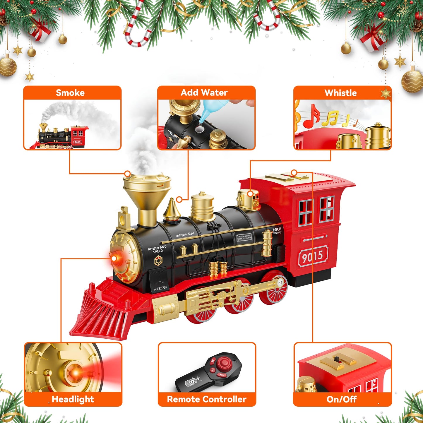 Hot Bee Train Set, Remote Control Train Toys with Luxury Tracks, Christmas Train Sets for Around the Tree,Toy Train with Smokes, Lights & Sound,Model Train Set for 3 4 5 6 7+ Years Old Boys Gifts Kids