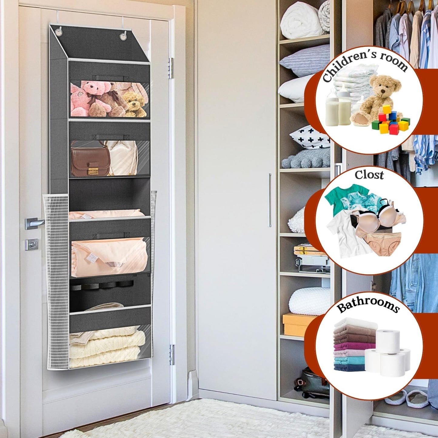 Over Door Wrapping Paper Organizer Storage with 3 Removable Drawers & Side Pockets – Dual Use Design with Elastic Straps – Christmas Gift Wrap Storage for Ribbons, Bows, Ornament and Other Tools