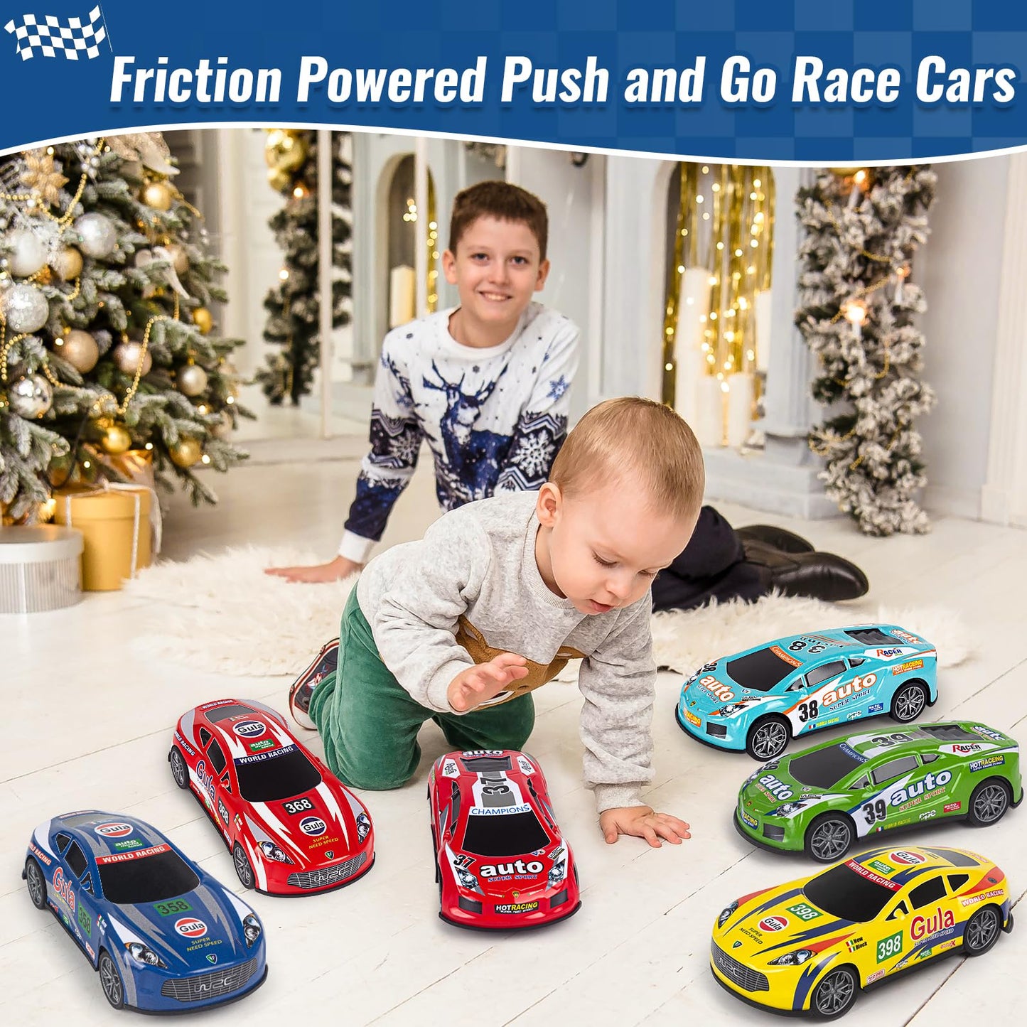 Race Toy Cars for Toddler Boys Girls 7 Inch Friction Powered Trucks for Kids Ages 3 4 5 6 7 8 Years Old Stocking Stuffers for Kids - 6Pack