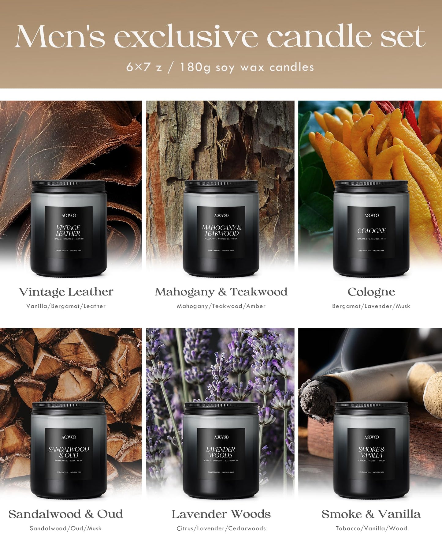 AOOVOO Scented Candles Set - 6 Pack Men Candles for Home Scented, 42 oz Soy Wax, 300 Hour Long Lasting Candle, Soy Candle Gifts Set for Men, Birthday, Valentine, Christmas, Anniversary Present