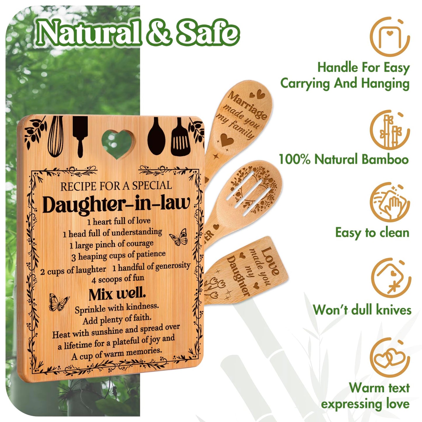 Gifts for Daughter in Law - "Recipe for a Special Daughter-in-Law" Daughter in Law Birthday Gifts Cutting Board Set, Bamboo-Made Engraved Utensil Set Gifts for Daughter in Law.