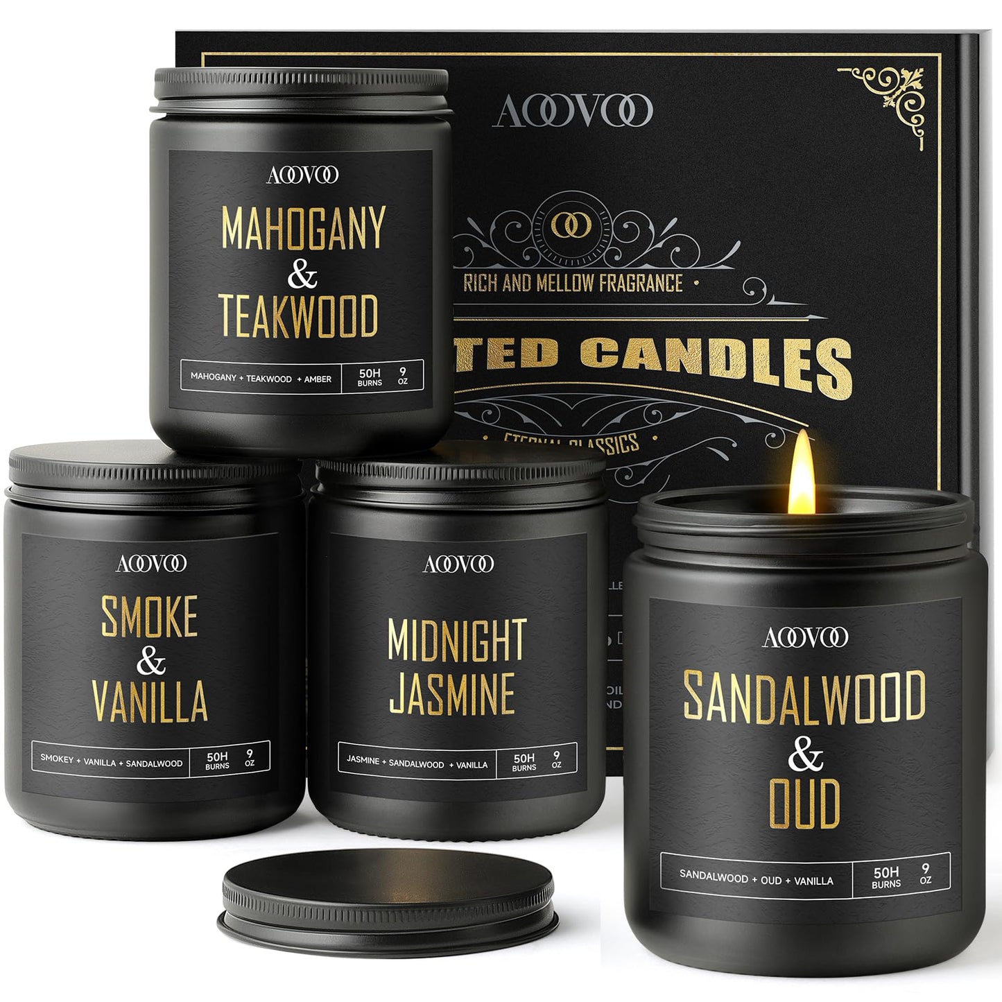 AOOVOO Scented Candles for Men - 4 Pack Candles for Home Scented, 36oz Soy Wax, 200 Hour Burn Time, Men Candle Set, Sandalwood Oud/Mahogany Teakwood/Smoke Vanilla/Jasmine Candle Set A