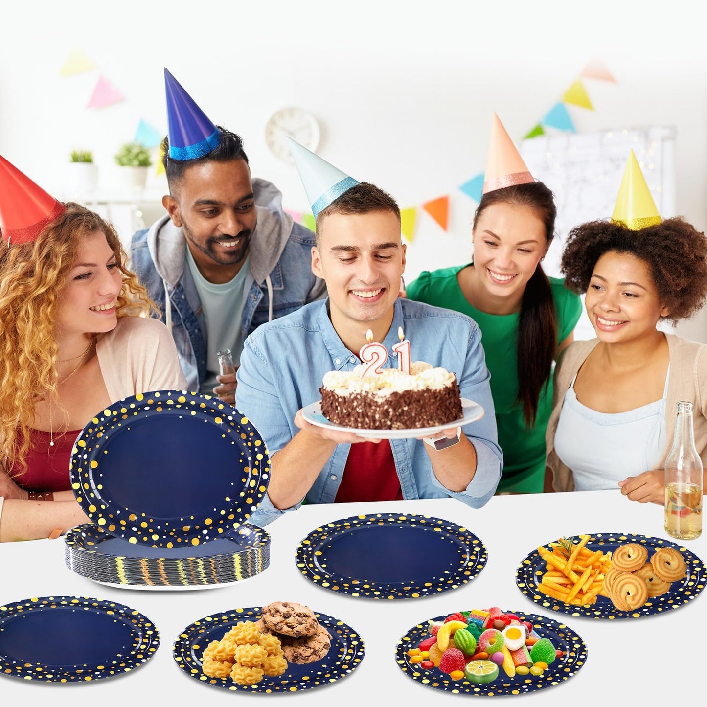 50Pcs Blue and Gold Party Supplies Large Gold Dot on Blue Paper Plates Oval Dinner Plates Disposable Party Tableware for Birthday Decorations Graduation Baby Showers Wedding Holiday Retirement