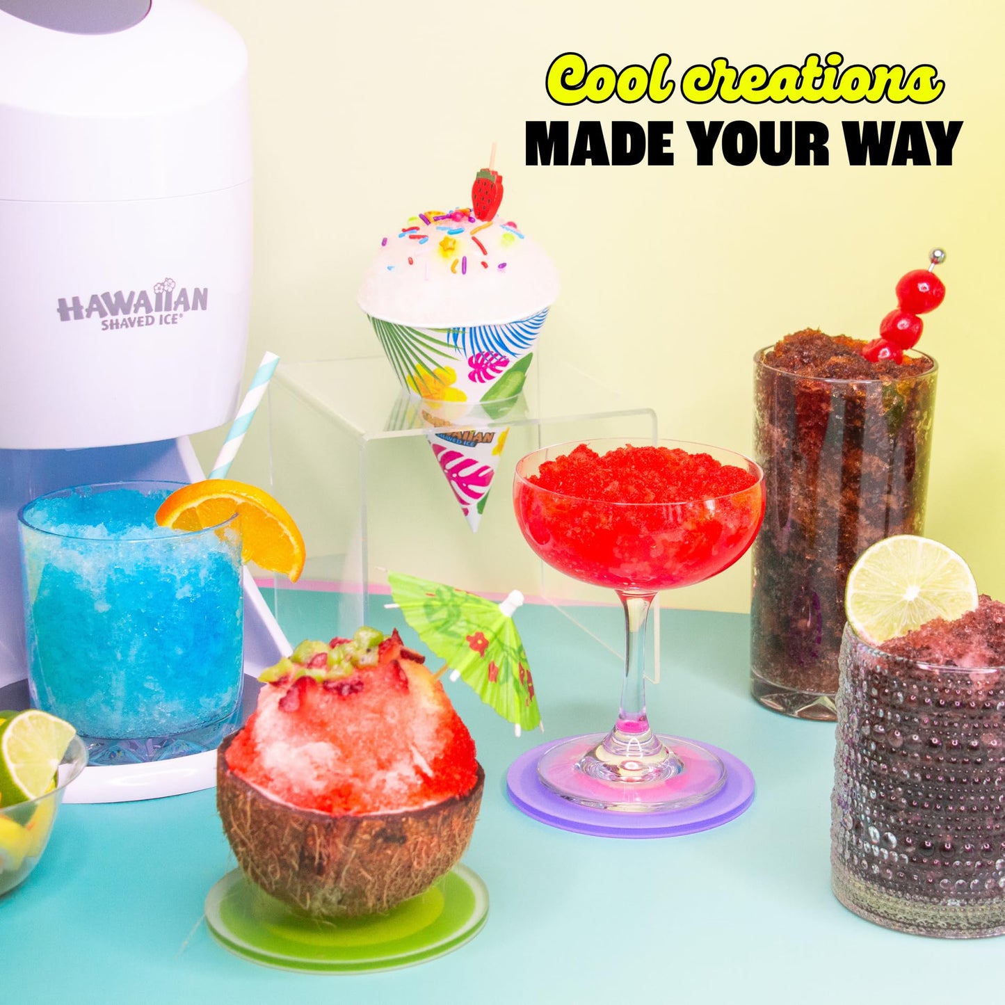 Hawaiian Shaved Ice Machine Kit - 3 Flavors, 25 Cups, Straws, Pourers, Ice Molds