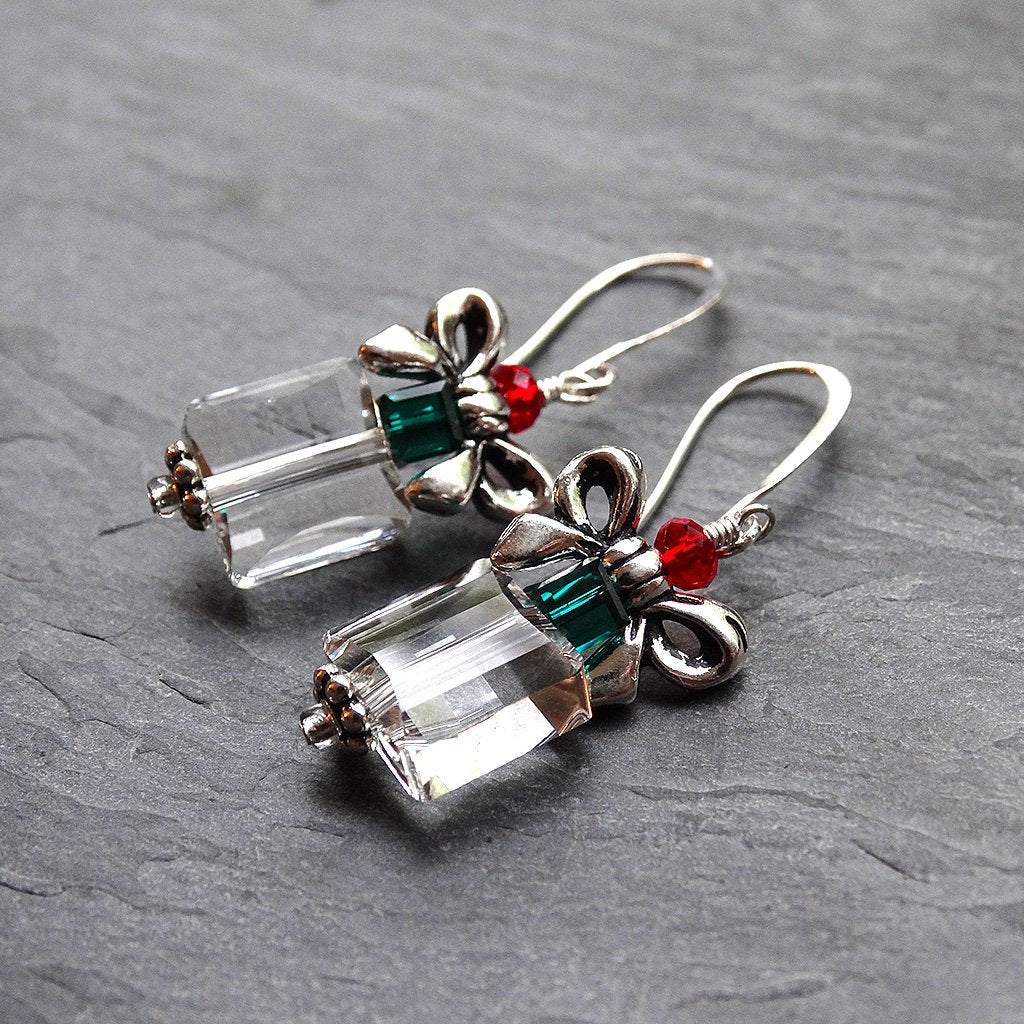 Designed By Stacey Handmade Sparkly Glass Crystal Earrings, Silver Plated Christmas Present Charm Dangly Drop Earrings, Elegant Gifts for Women, Christmas in July Jewelry, Winter Birthday, Holiday