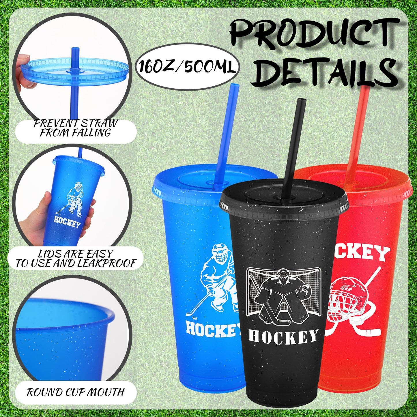 Willinglong 24 Pcs Hockey Plastic Tumblers with Lids and Straws for Hockey Reusable Cute Iced Coffee Travel Cups Mug Water Bottle for Birthday Party