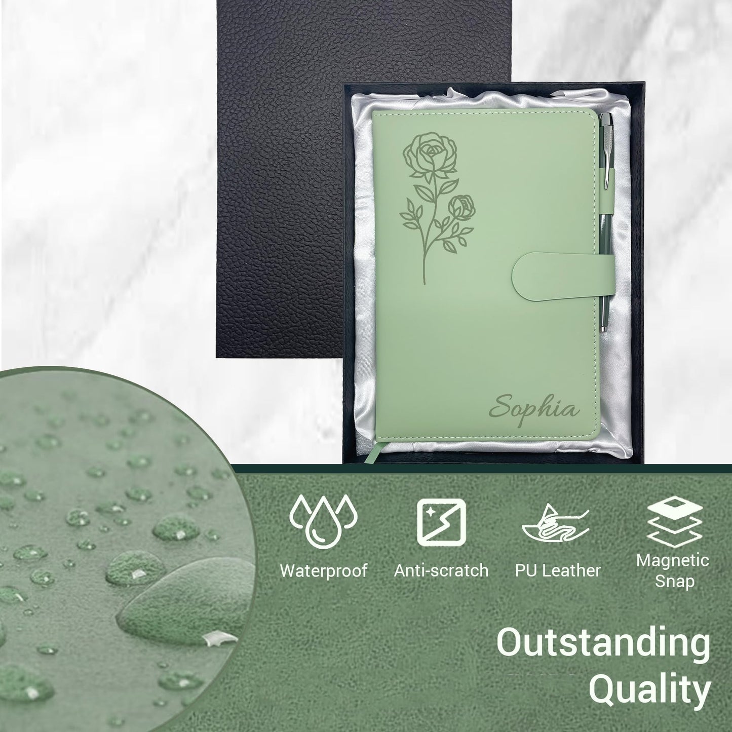 Personalized Leather Journal with Gifts Box & Pen, Custom Notebooks Diary with Engraved Birth Flower Name, Birthday Gifts for Women, Christmas Office Gift for Bridesmaid Students Teacher Mom Friend