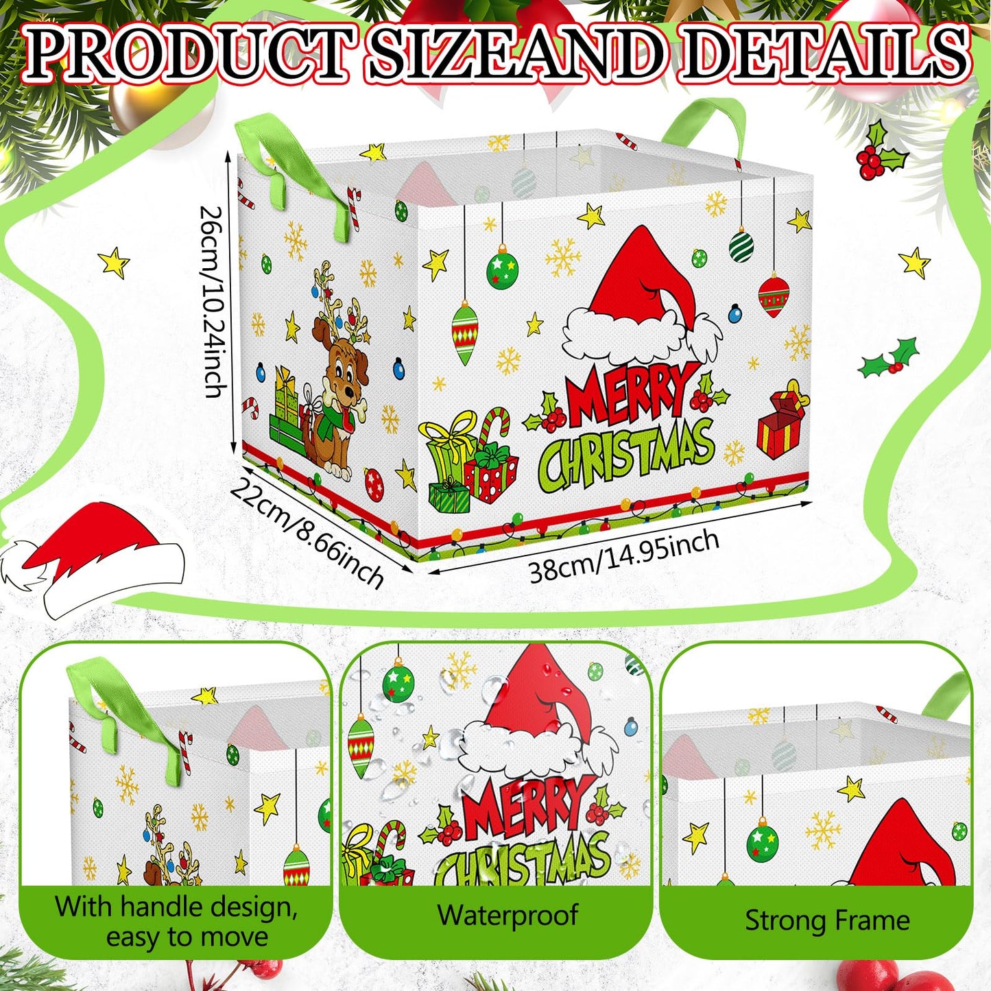 Beeveer 3 Pcs Foldable Christmas Storage Bins with Handle Green Tree Shelf Baskets Fabric Xmas Tree Storage Cube Box for Home Bedroom Office Organizing Closet Gift Baskets