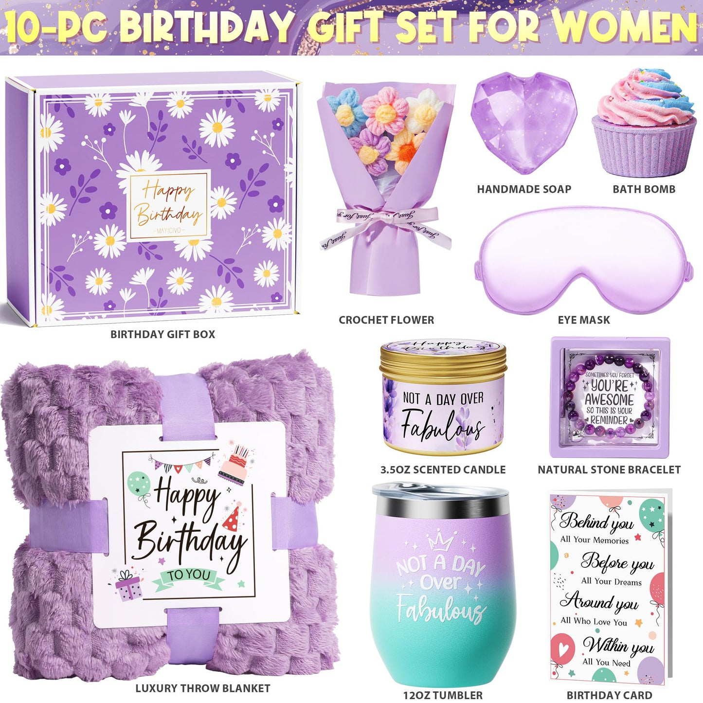 Birthday Gifts for Women Friendship, Unique Happy Birthday Gifts Basket for Mom Her Best Friend Sister Wife Girlfriend Coworker Teacher, Luxury Self Care Box Lavender Relaxing Spa Gifts Set w/ Blanket