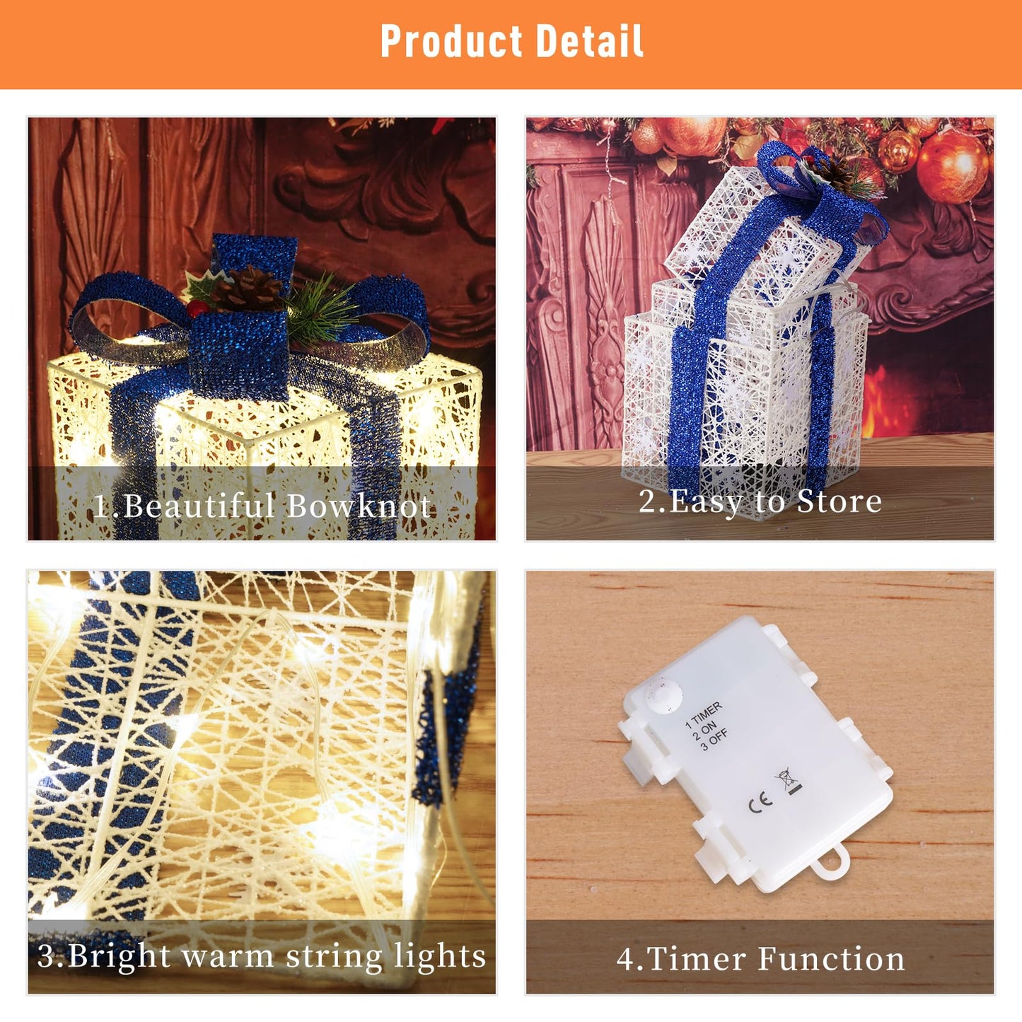 Christmas Decorations, Set of 3 Christmas Lighted Gift Boxes, Battery Operated Xmas Present Boxes, Warm White LED with Bows for Indoor Christmas Tree, Yard, Home Decor （Blue Bow）