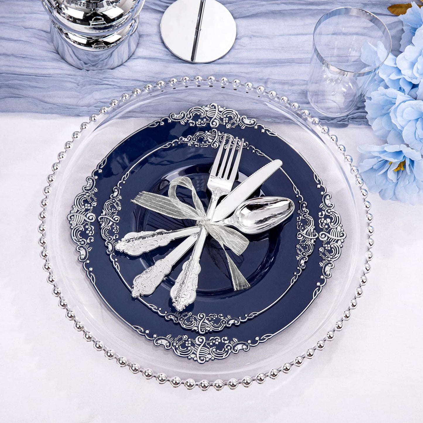 Hioasis 175pcs Blue and Silver Plastic Plates - Elegant Disposable Dinnerware Set Suitable for 25 Guests Include 10.25 Dinner & 7.5 Dessert Plates, Pre Rolled Silverware Set, Cups for Party & Wedding