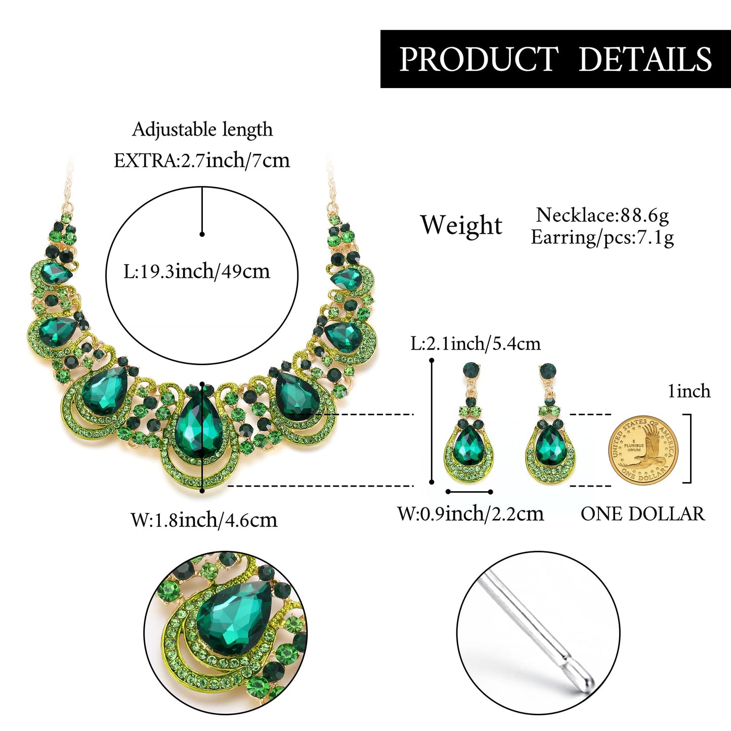 BriLove Costume Fashion Large Big Jewelry Set for Women Crystal Teardrop Hollow Scroll Statement Necklace Dangle Earrings Emerald Color Gold-Toned