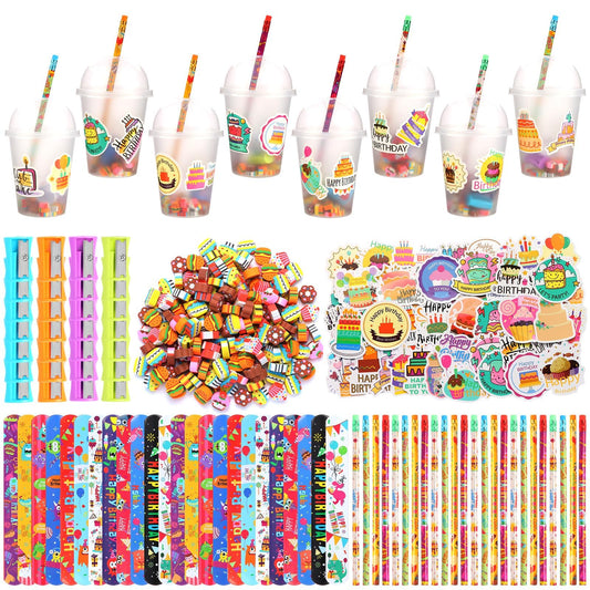 Kolewo4ever 460 Pieces Happy Birthday Party Favors Return Gifts for Birthday Party with Pencil Sharpener Eraser Sticker Slap Bracelet Cup with Lid