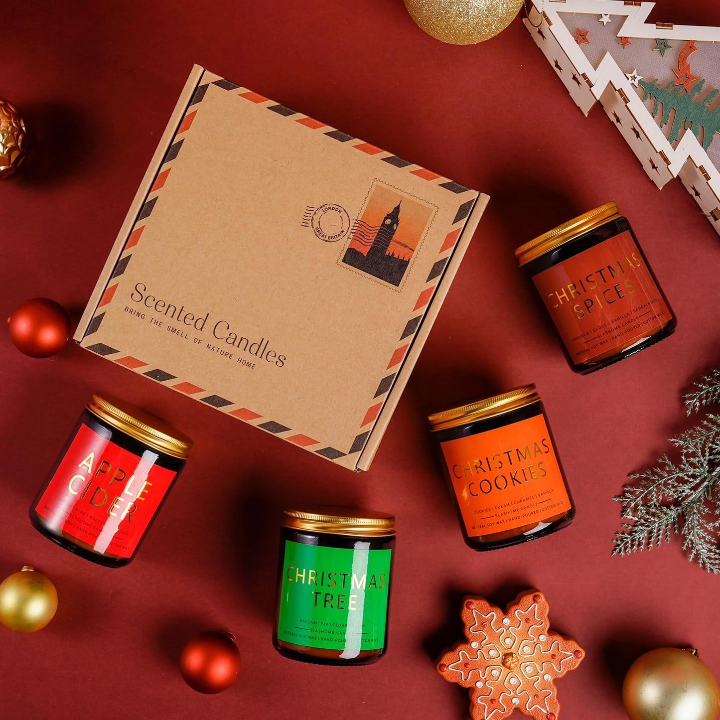 Christmas Candle Set | 4 Pack Scented Candles for Home | Holiday Gifts for Women & Men | Soy Candles with Scents of Christmas Tree, Cookies, Spices & Apple Cider