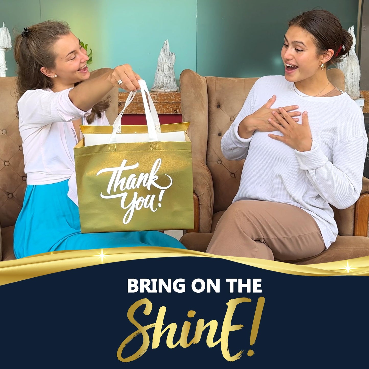 Nush Nush Gold Thank You Gift Bags Large Size – Set of 12 Stylish Gold Thank You Bags With Handles in Bulk - Appreciation Party Favor Bags For Small Business, Gifting Events, Christmas - 13Wx5Dx11H