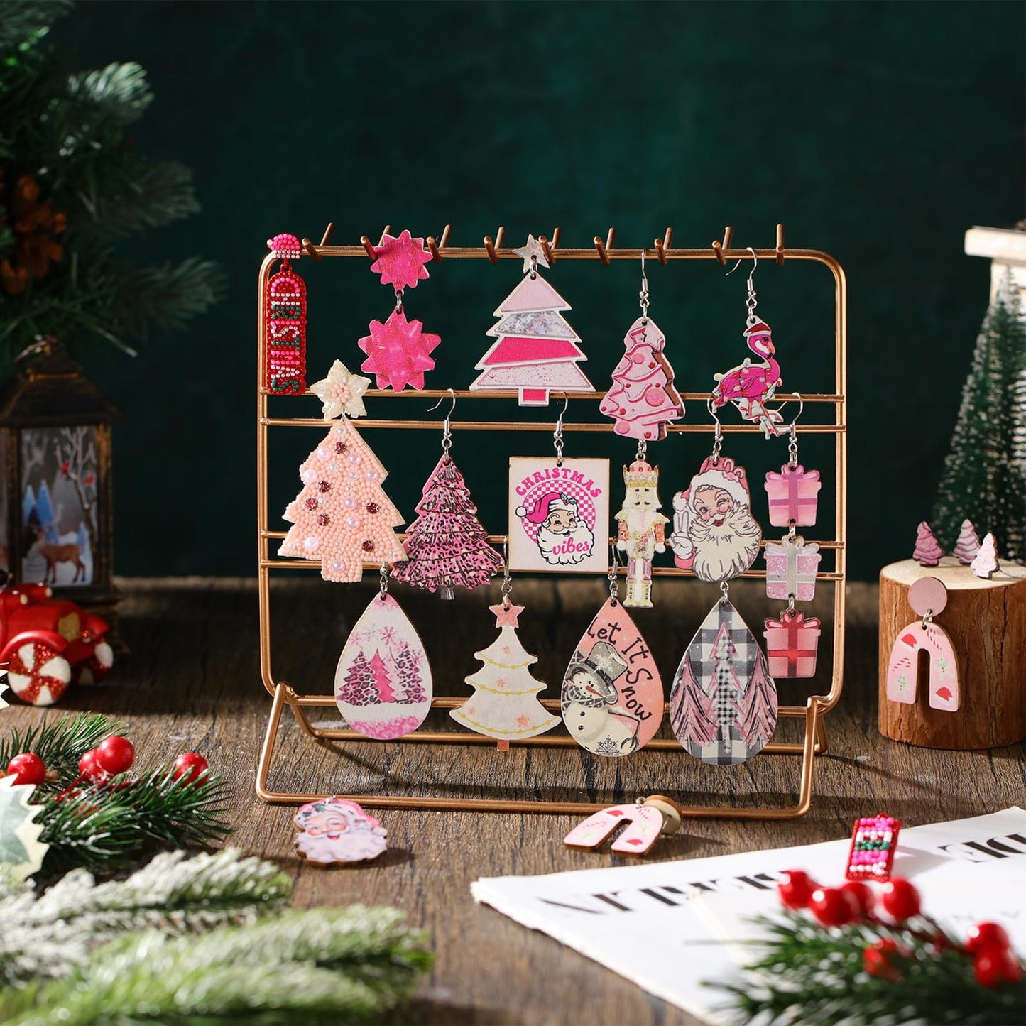 Remuuly 24 Pairs Pink Christmas Earrings for Women Christmas Dangle Earrings Xmas Tree Santa Jewelry for Holiday Party Gifts(Fashion Style)