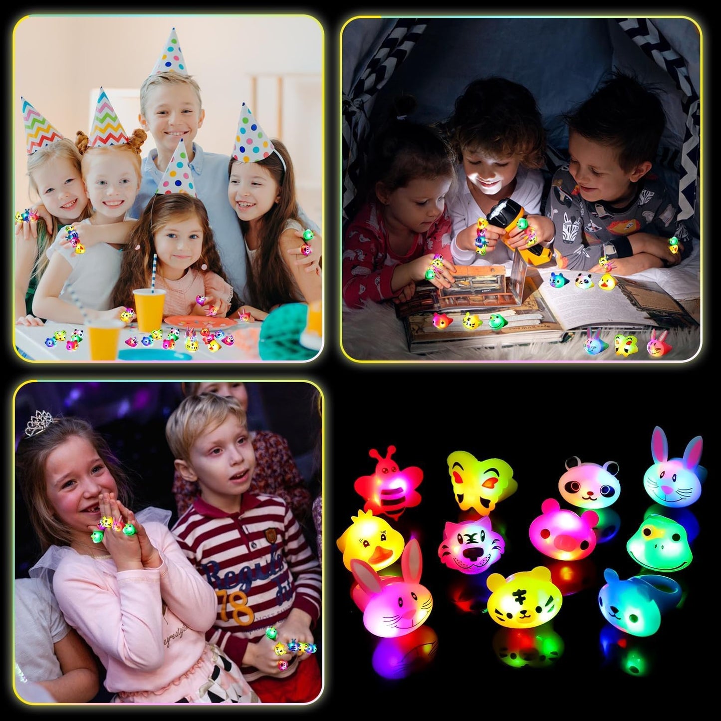 SCIONE 40 Pack Light up Rings Birthday Party Favors for Kids, Goodie Bag Stuffers Glow in the Dark Halloween Party Supplies, Classroom Prizes Cute Animal Treasure Box for Kids