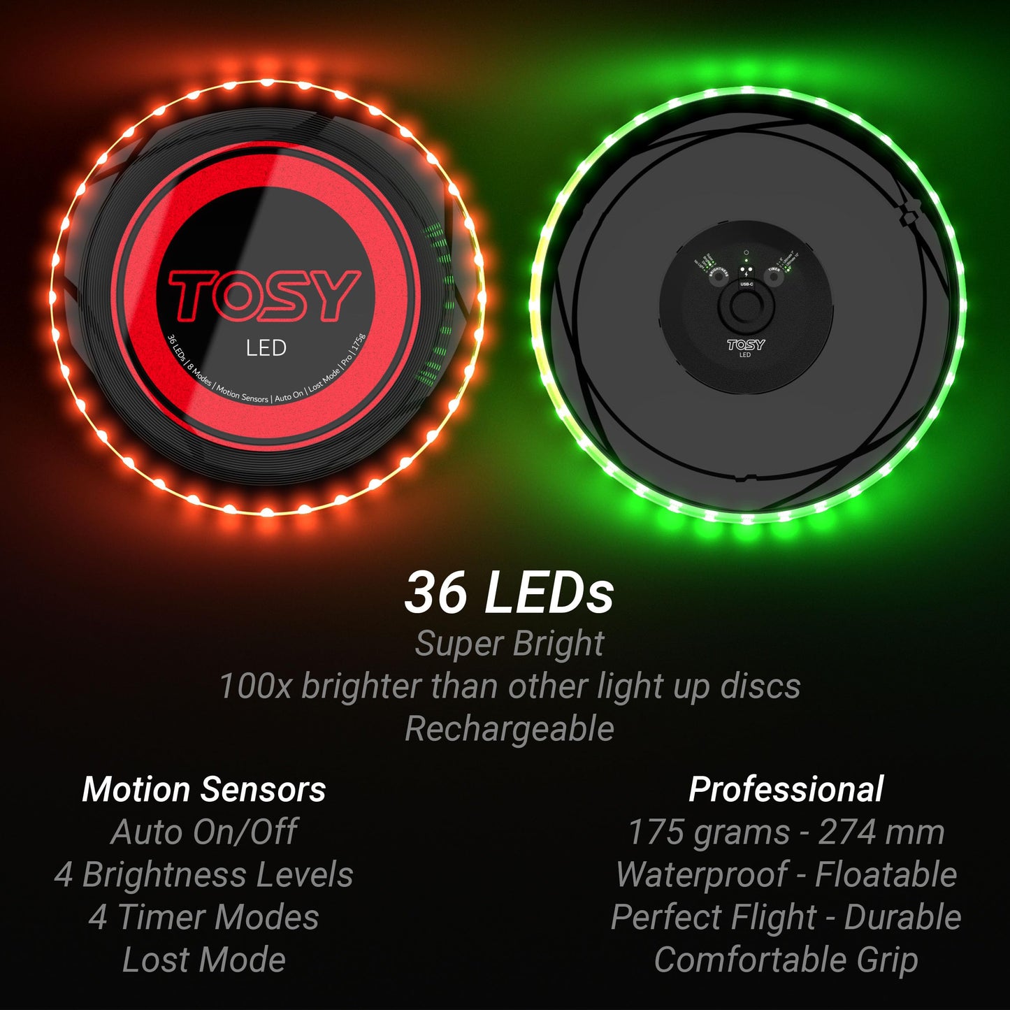 TOSY Flying Disc - 36 Mono-Color LEDs, Extremely Bright, Smart Modes, Camping Essentials for Teens/Kids/Adults/Men/Boys/Girls, Auto Light Up, Rechargeable, Waterproof, 175g