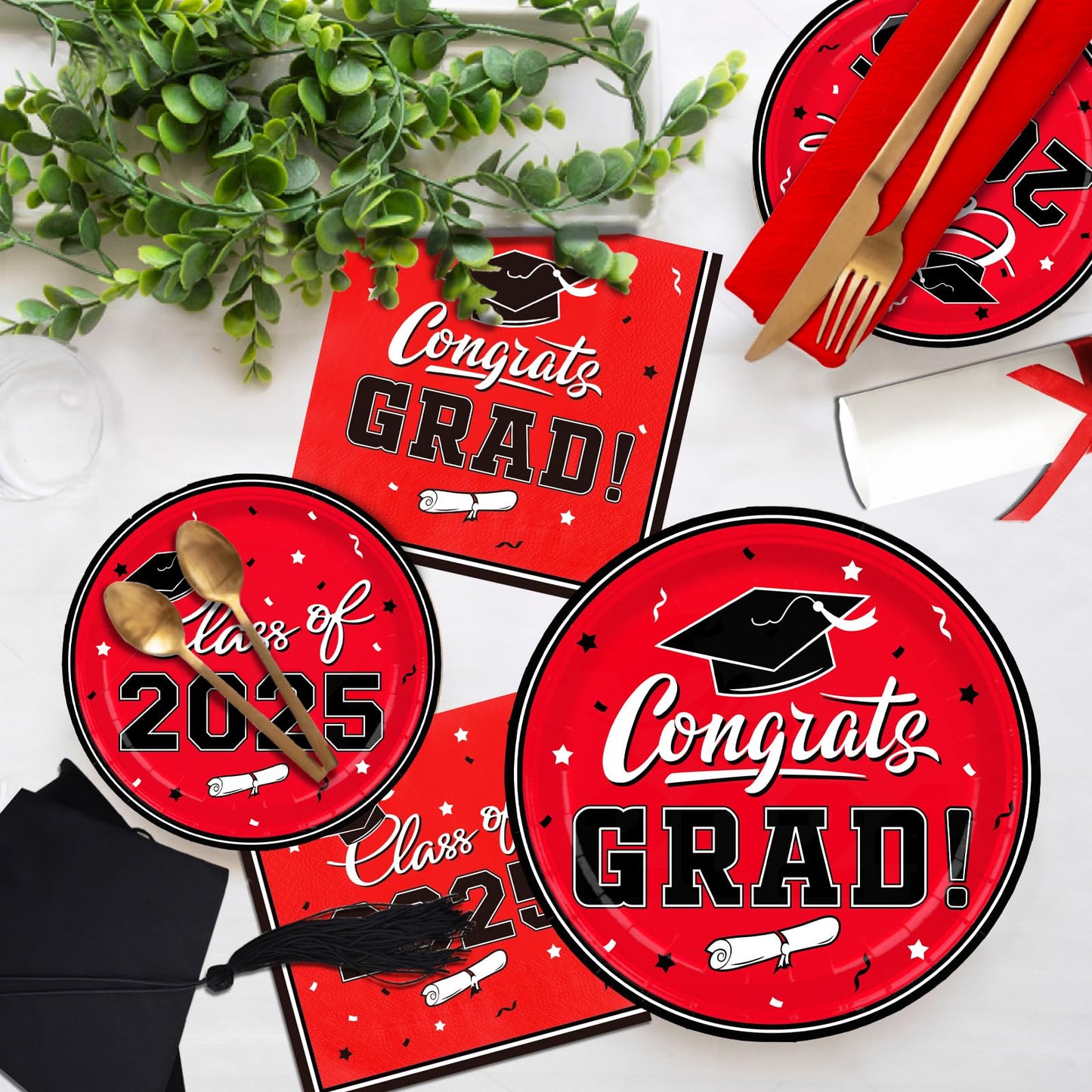 Gatherfun Graduation decorations 2025 Graduation Party Plates and Napkins Red Disposable Paper Plates Luncheon Napkins Cocktail Napkins for Congrats Grad Party Decorations, Serve 50