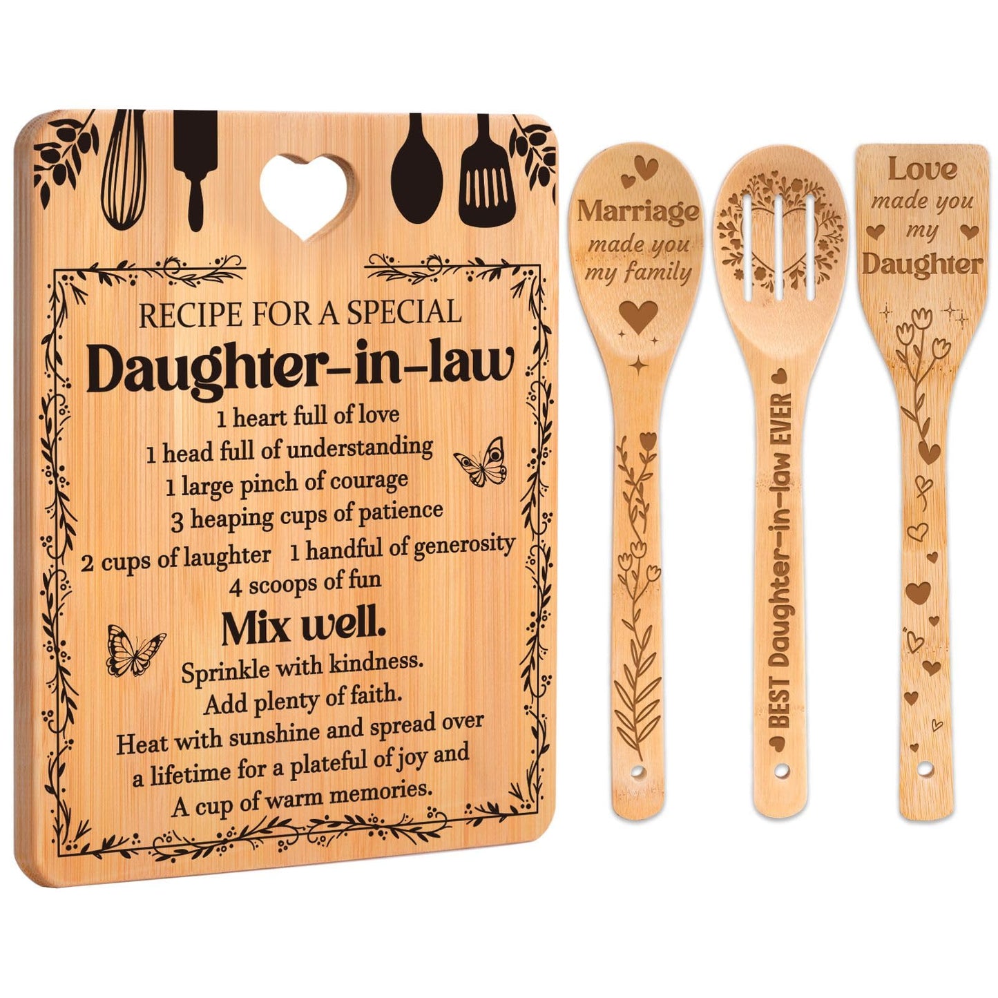 Gifts for Daughter in Law - "Recipe for a Special Daughter-in-Law" Daughter in Law Birthday Gifts Cutting Board Set, Bamboo-Made Engraved Utensil Set Gifts for Daughter in Law.
