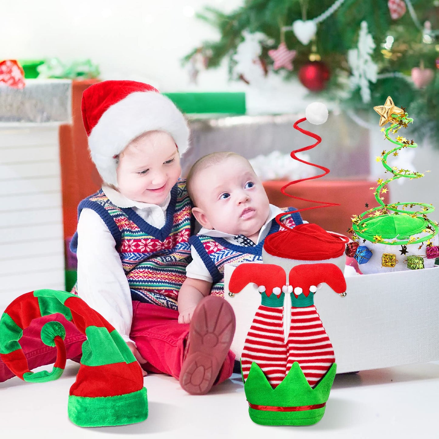 Funtery 8 Pieces Christmas Santa Unisex Hat Funny Long Striped Elf Pants Hat Christmas Tree Tinsel Accessories for Women Men Xmas Costume Party Supplies