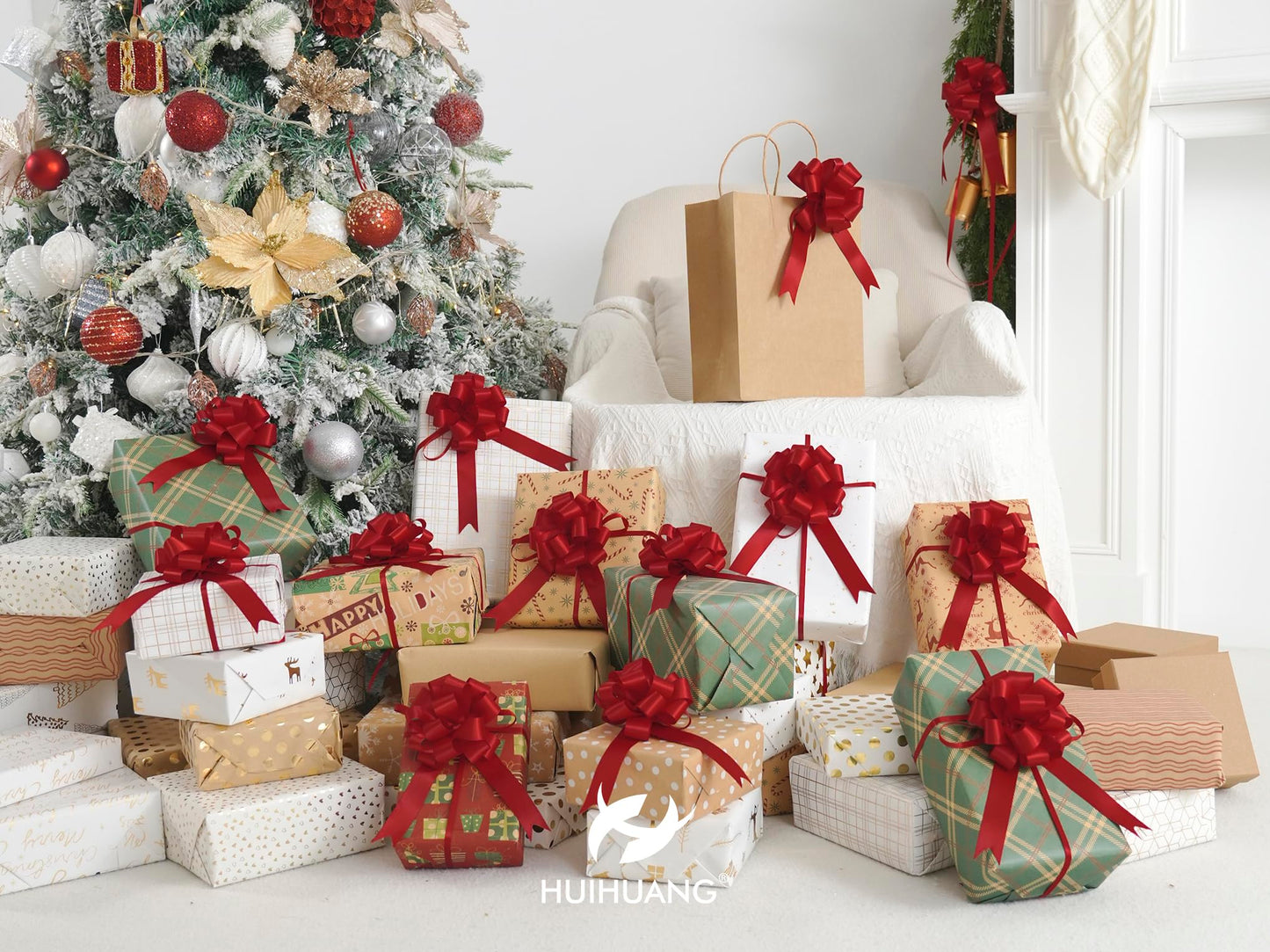 HUIHUANG Red Pull Bows for Gift Wrapping 4"x8" Red Christmas Bows 12 PCS Satin Gift Bow for Presents, Gift Basket, Paper Bag, Wrapping Accessories, Wreaths, Holiday Christmas Decor