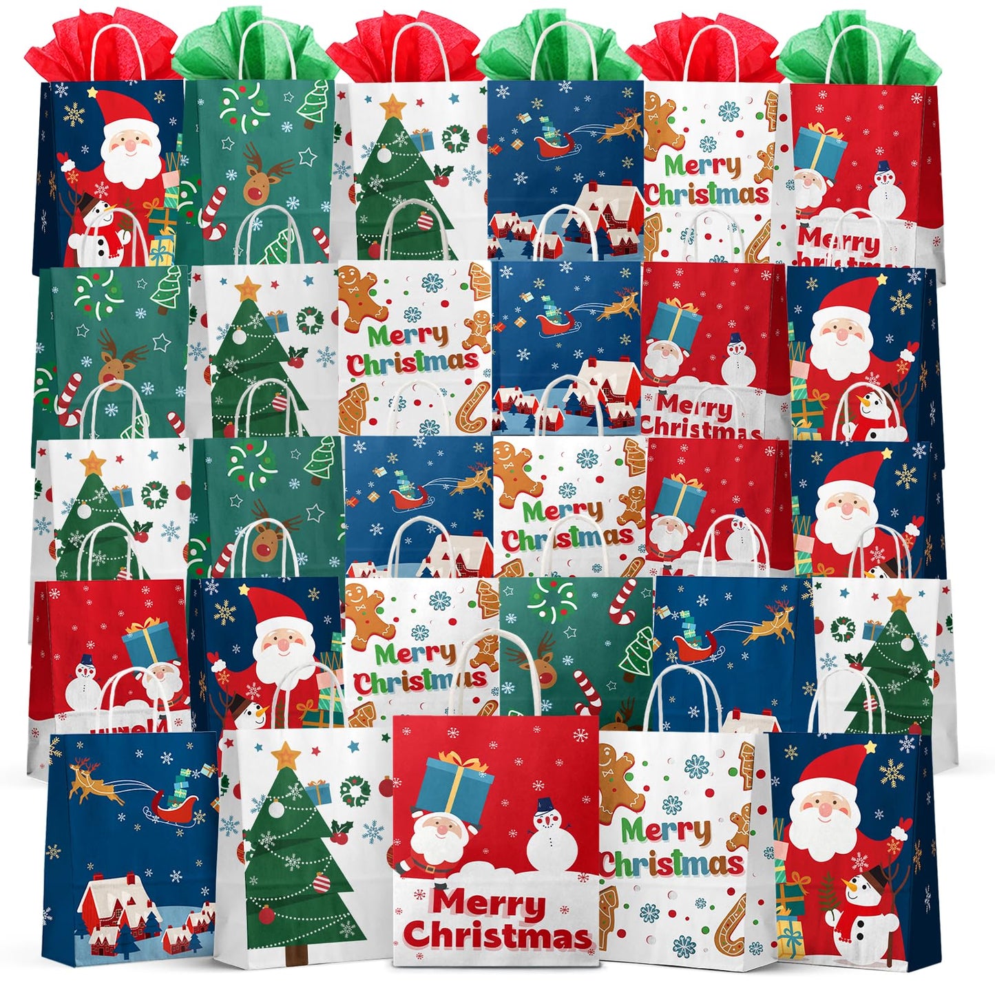 Kidtion Christmas Gift Bags 30 PCS, 7.5"x9"x3.5" Durable Christmas Bags with Tissue Paper, 6 Styles Gift Bags Bulk with Handles, Reusable Small Gift Bags Xmas Paper Bags, Party Favors Holiday Gift Bags, Colorful
