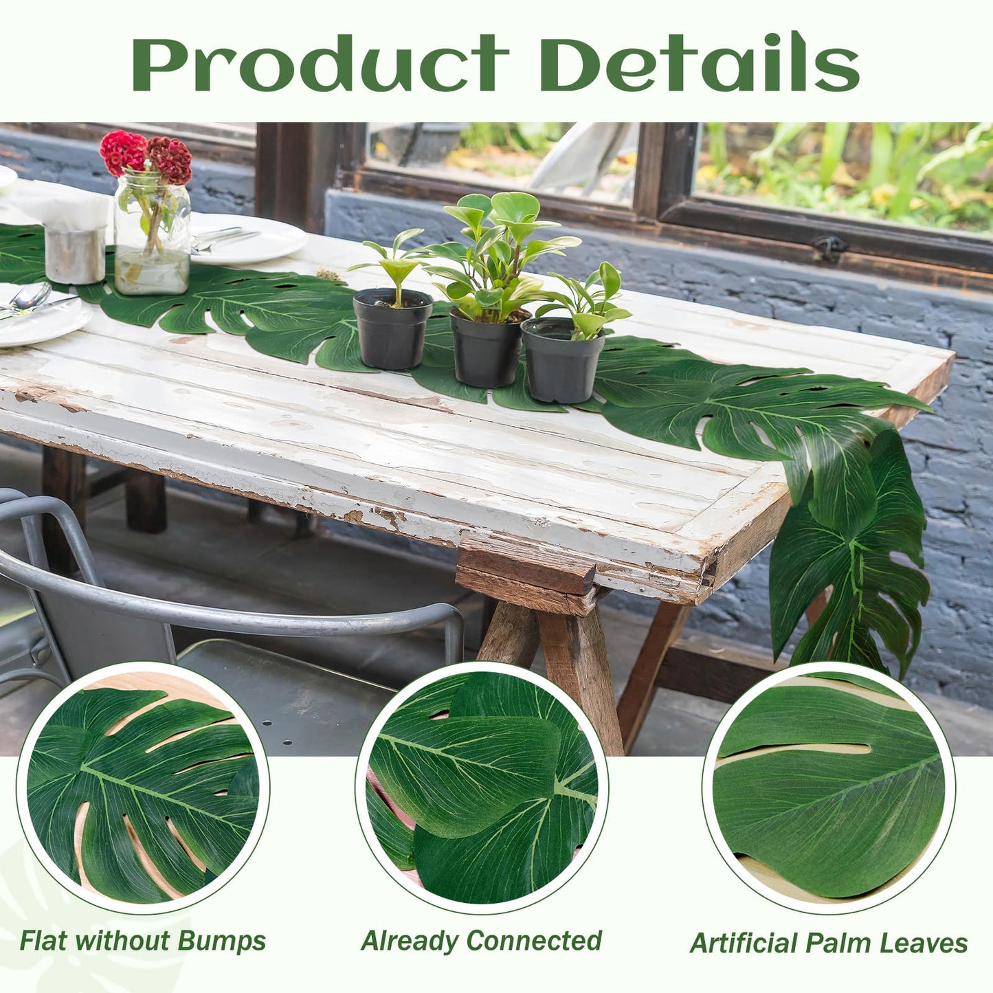 AerWo 6Pcs Artificial Palm Leaves Green Table Runner, Summer Tropical Leaf Table Runners 72 inches Long for Wedding Moana Jungle Safari Tropical Hawaiian Luau Party Decorations