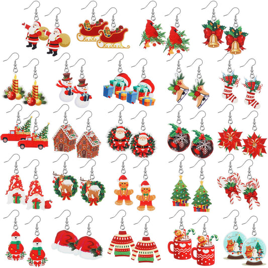 Misdary 24 Pairs Christmas Drop Earrings Bulk Thanksgiving Xmas Holiday Acrylic Dangle Earrings Christmas Tree Bow Deer Snowflake Garland Red Truck Earrings Jewelry Set for Women Adults Gifts