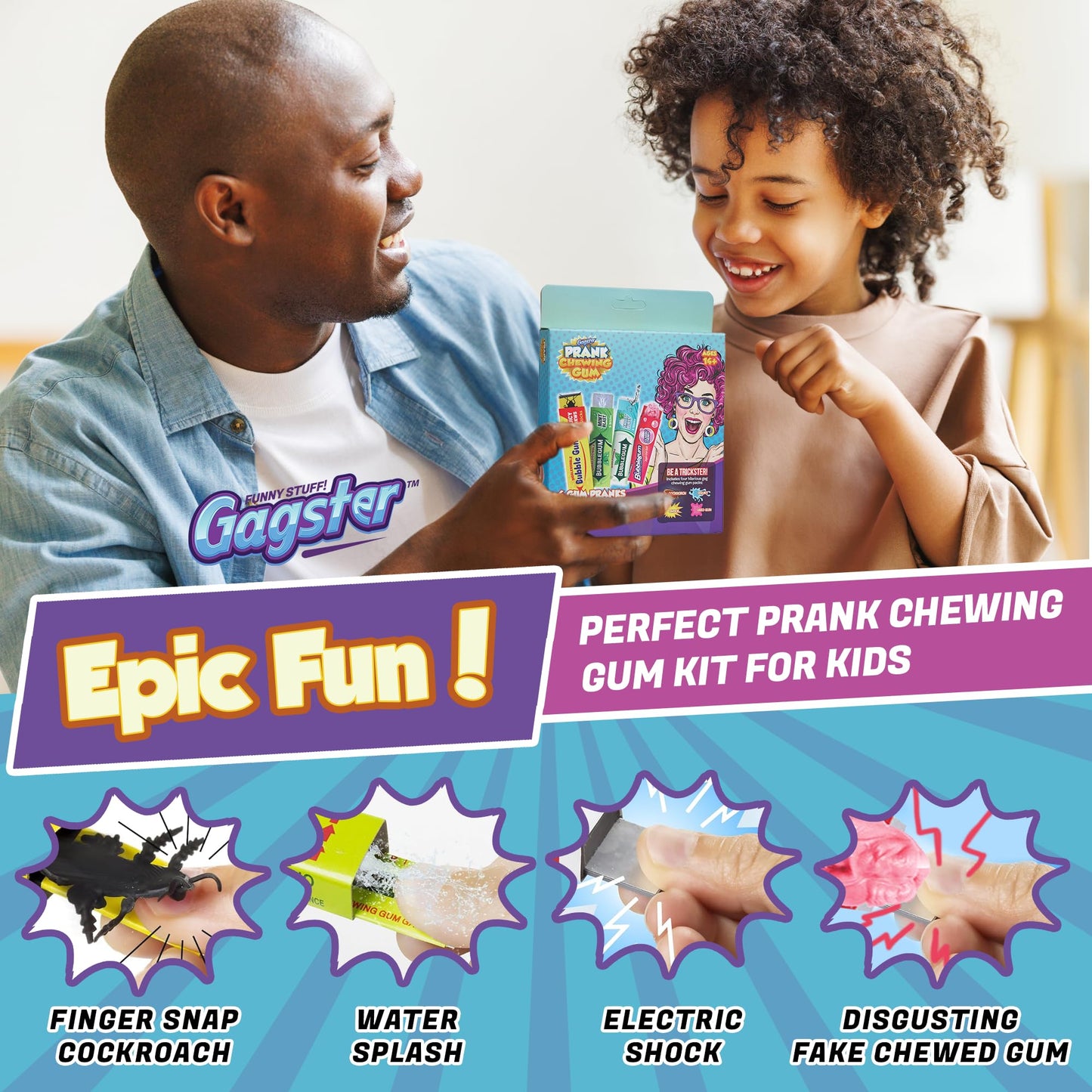 Gagster 4-in-1 Prank Chewing Gum Set – Shocking, Water Squirt, Cockroach Snapping, Fake Chewed Gum, Gag Gifts for Kids Adults, Work Pranks, April Fools, Practical Joke Toys Kit