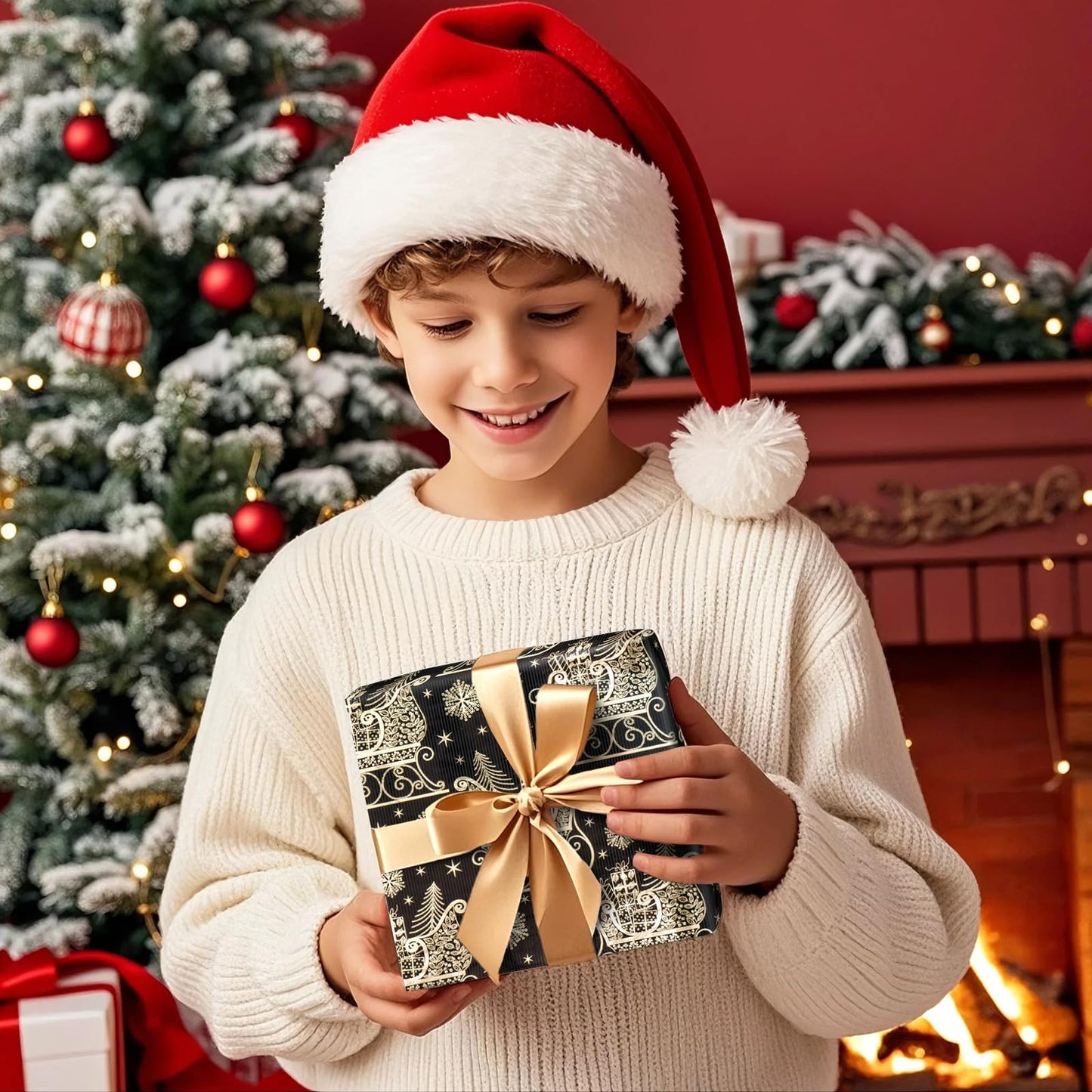 WRAPAHOLIC 30 Inch Jumbo Reversible Black and Gold Christmas Wrapping Paper - 30 Inch x 33 Feet - Black Gold Sleigh and Stripe Wrapping Paper with Metallic Foil for Christmas, Holiday, Party