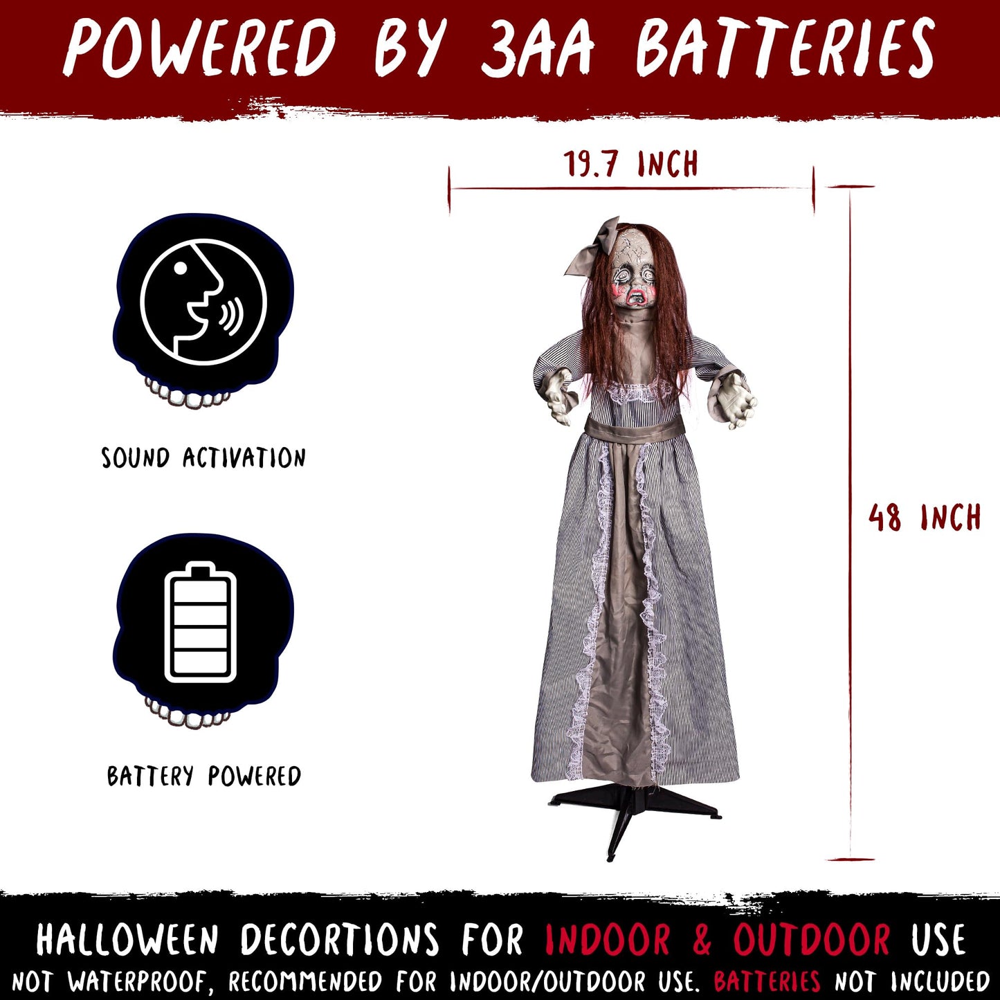 Halloween Animatronics 4ft Creepy Doll Decoration - 48inch Animated Scary Talking Doll with Sound Activated, Creepy Voice, Spooky Move, Light-Up Eyes, Horror Prop for Indoor, Outdoor, Yard Lawn