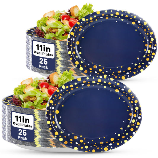 50Pcs Blue and Gold Party Supplies Large Gold Dot on Blue Paper Plates Oval Dinner Plates Disposable Party Tableware for Birthday Decorations Graduation Baby Showers Wedding Holiday Retirement