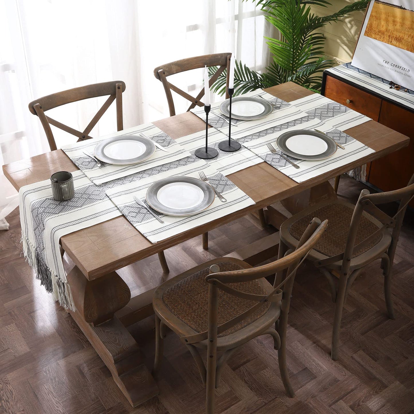 LUFEIJIASHI Woven Table Runners Farmhouse Style,Boho Table Runners 108 inches Long with Tassels Elegant Washable Table Runners for Dining Room ,Wedding,Holiday,Party Table Decor (14.5x108inch, Grey)