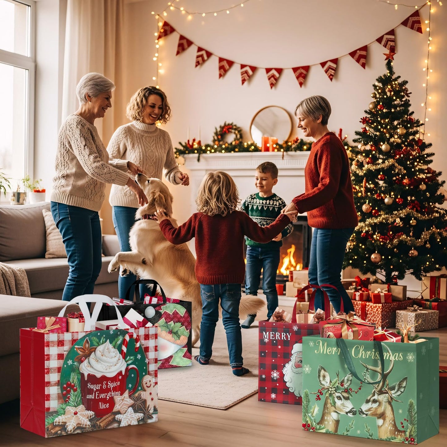 STYPOP 12 Pack 17" Extra Large Christmas Gift Bags, Reusable Non-Woven Christmas Tote Bags with Handles, Perfect for Xmas Gift Wrap/Party Favor Supplies, 16.9" × 12.6" × 6.8"