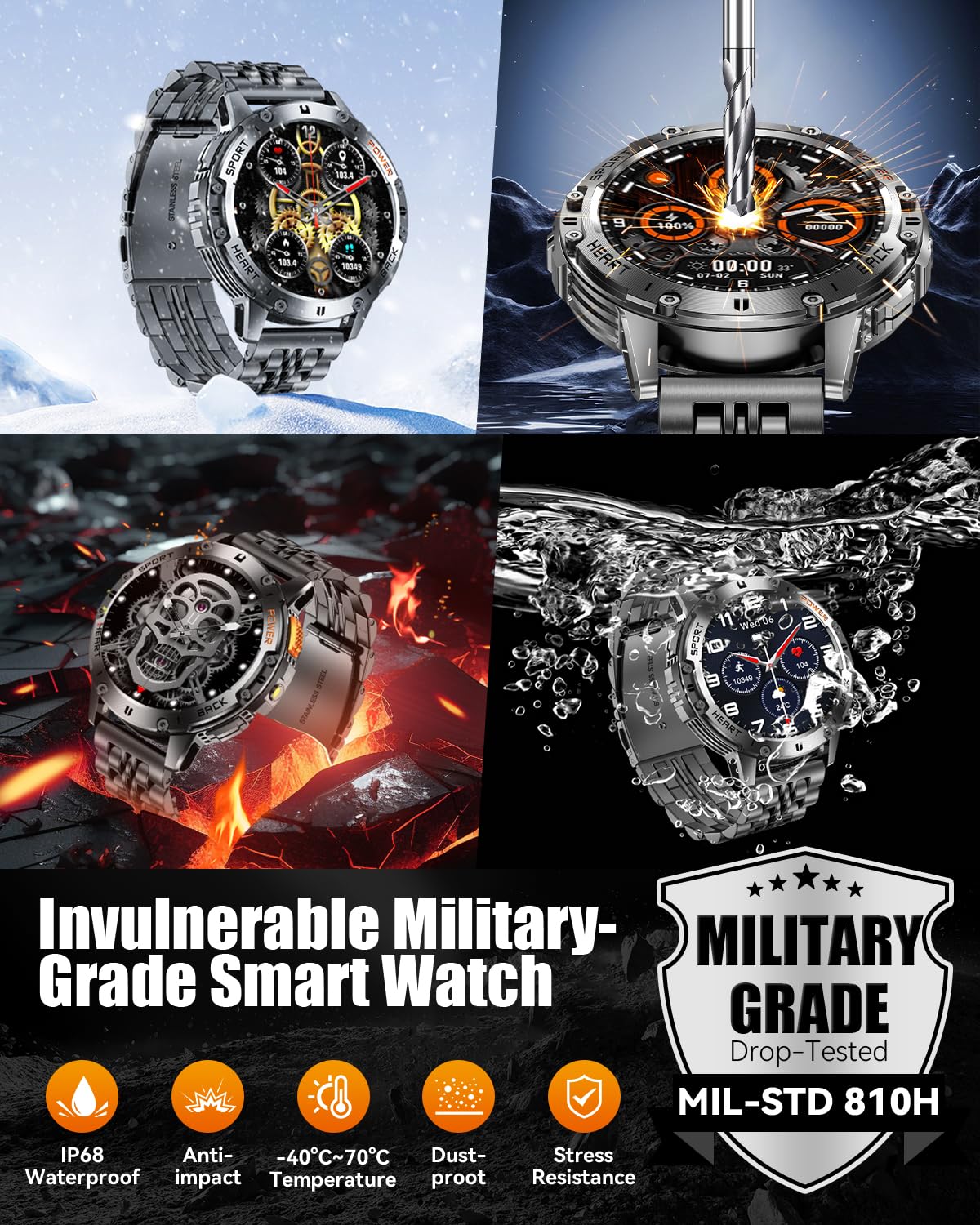 PODOEIL Military Smart Watches for Men with Bluetooth Call, 1.43" AMOLED Waterproof Smartwatch with Flashlight, 111 Sport Modes, 530mAh Heart Rate/SpO2/Sleep Monitor Fitness Tracker for Android iOS